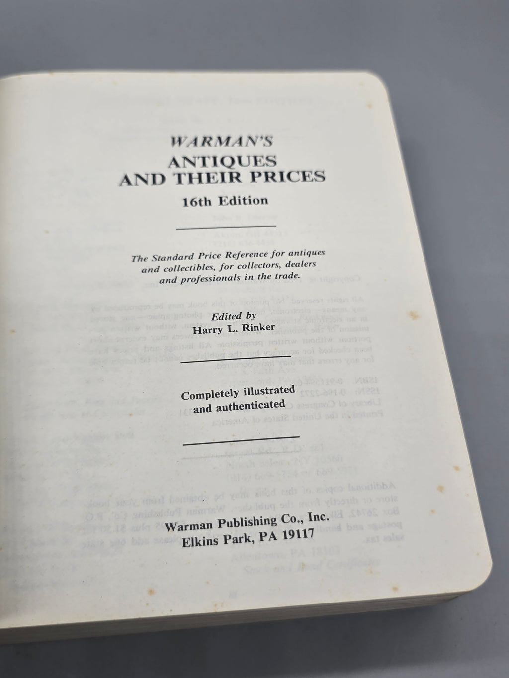1982 Warman’s Antiques and Their Prices 16th Edition Harry L. Rinker