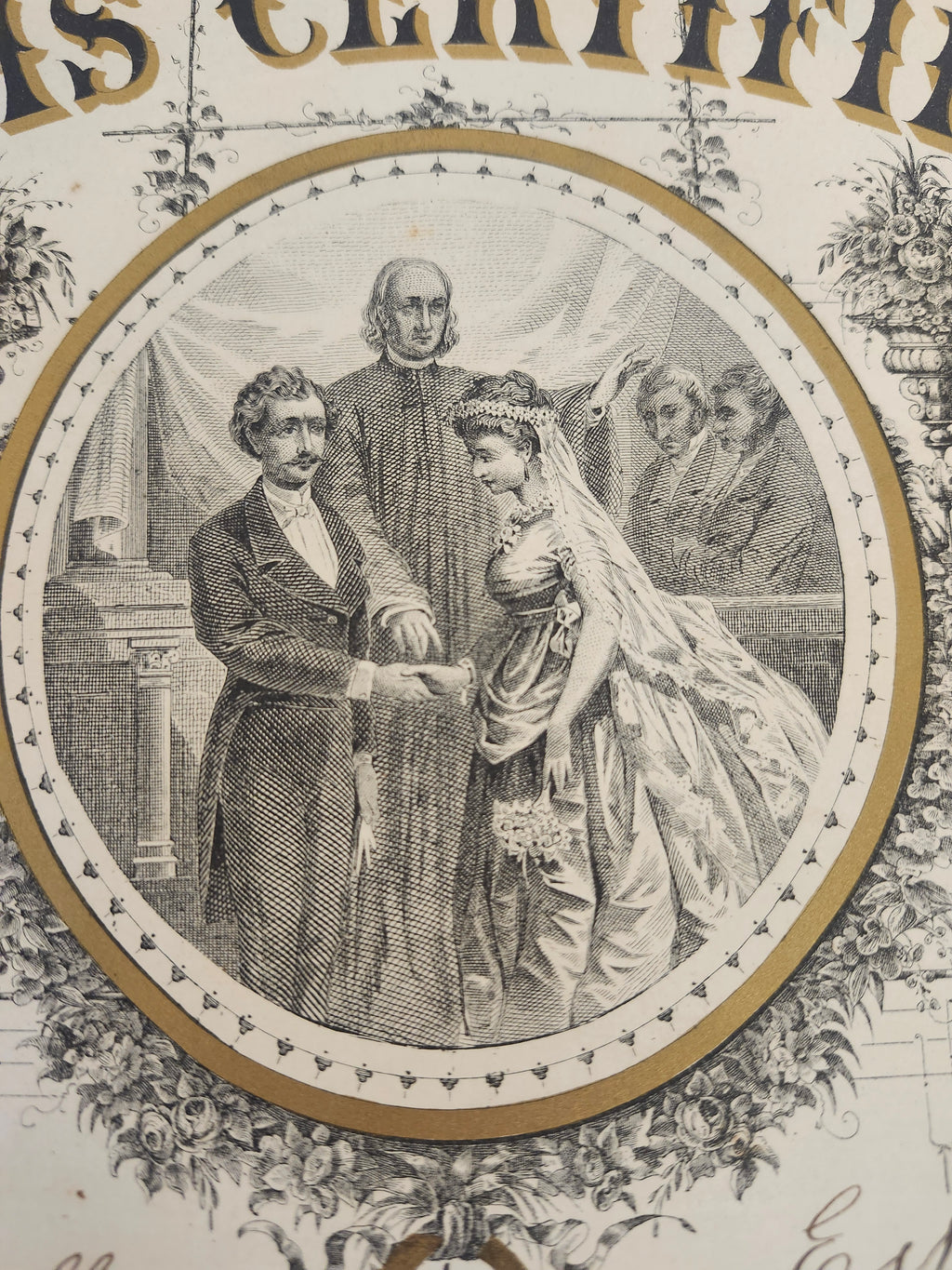 1879 Antique New York Marriage Certificate w Tintype Photo Ornate Document