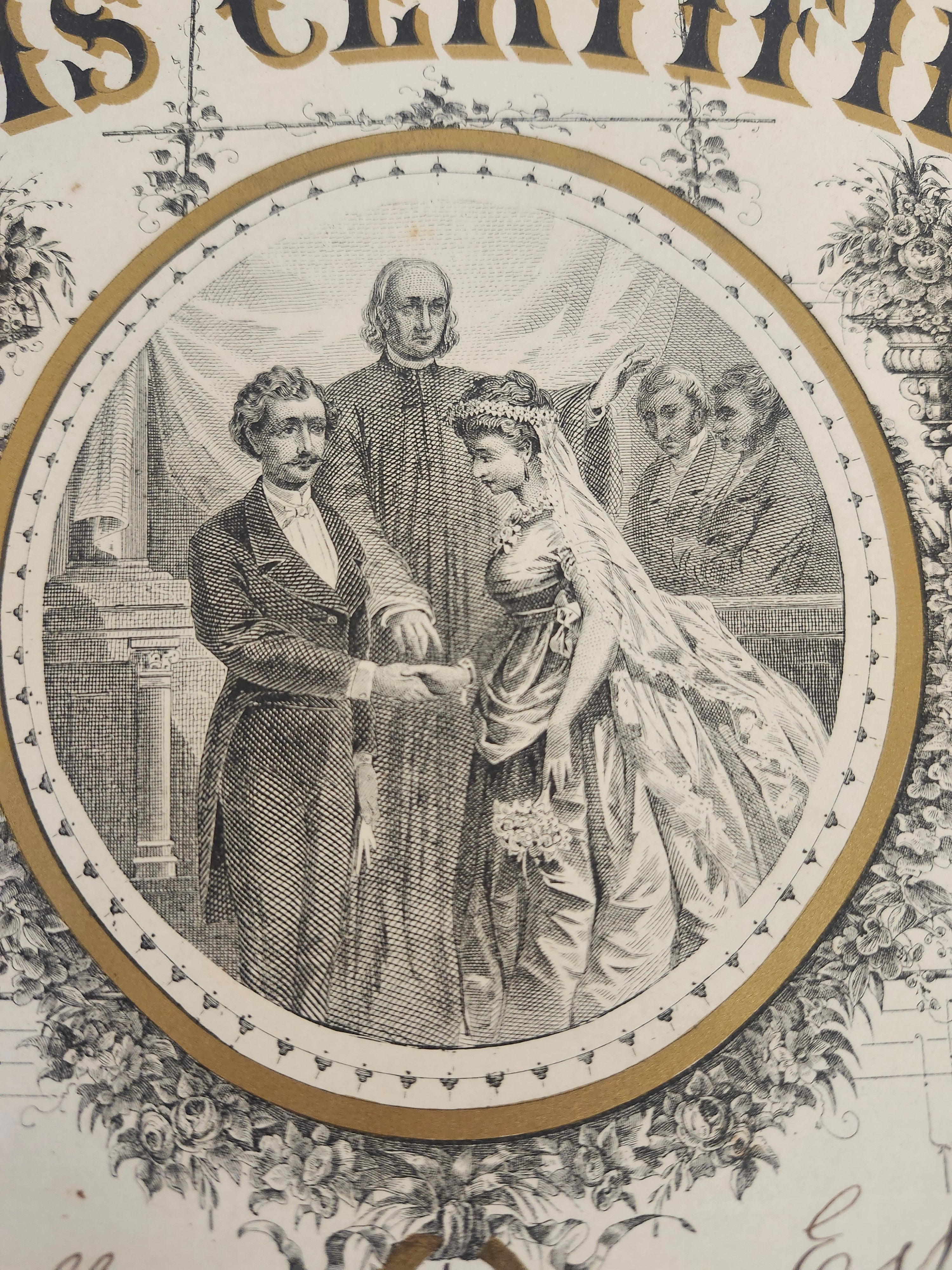 1879 Antique New York Marriage Certificate w Tintype Photo Ornate Document