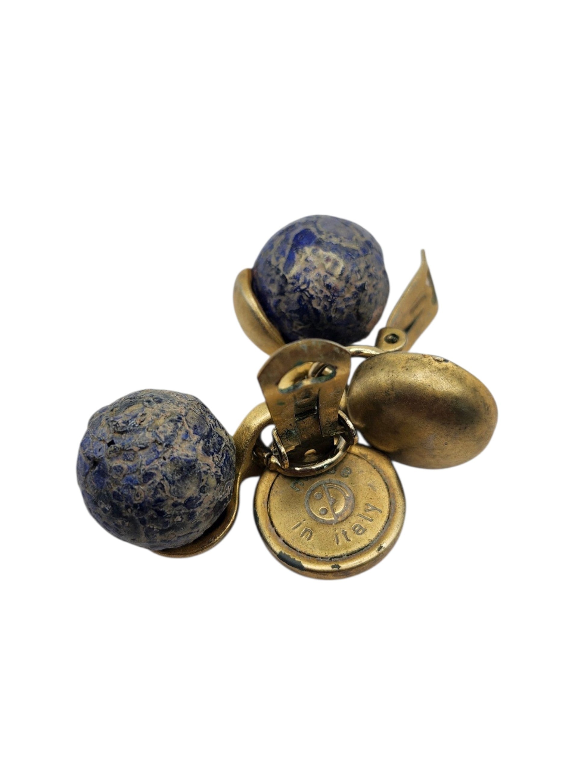 Vintage Made in Italy Blue Speckled Stone Gold Tone Leaf Clip On Earrings