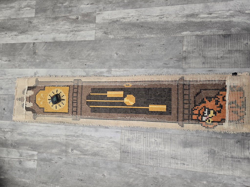 Vintage Hand Hooked Grandfather Clock Wall Hanging 54x12 Dog Latch Hook Folk Art Clock OOAK