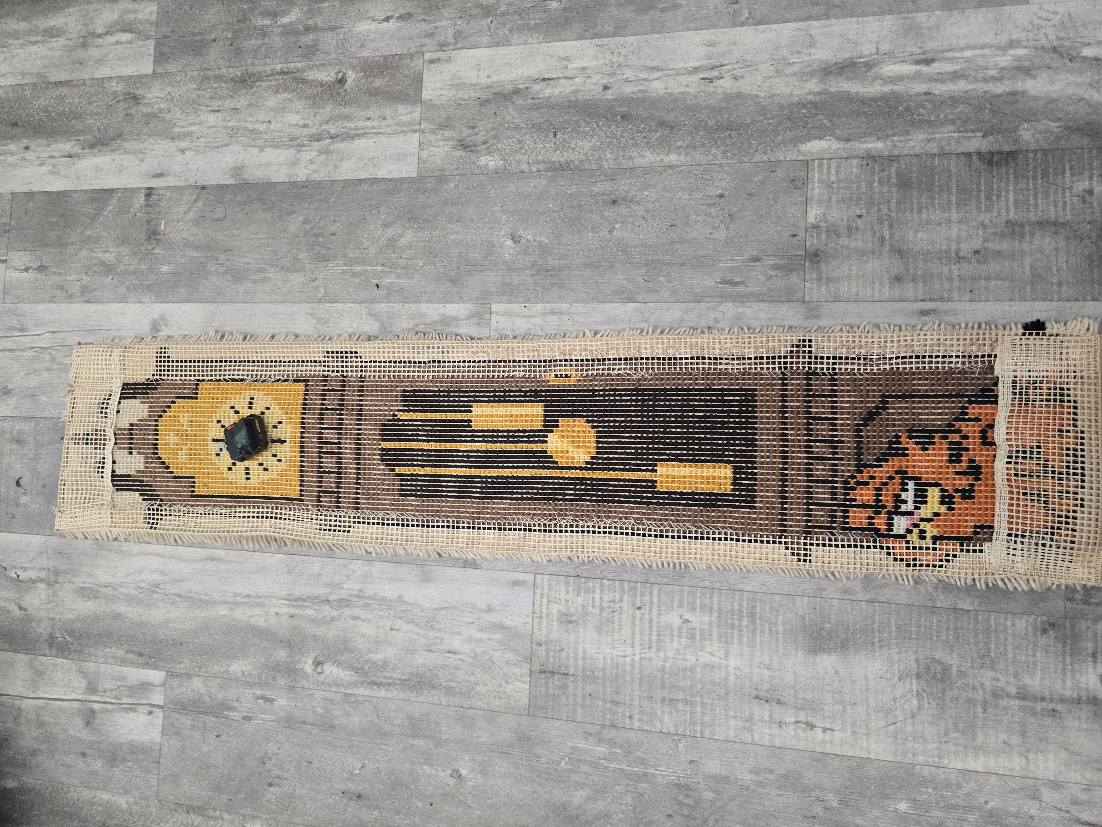 Vintage Hand Hooked Grandfather Clock Wall Hanging 54x12 Dog Latch Hook Folk Art Clock OOAK
