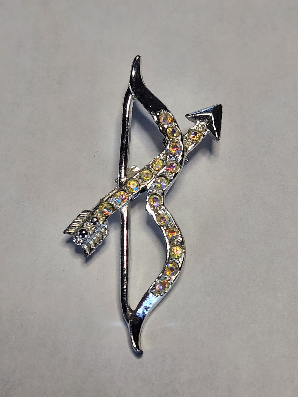Vintage Aurora Rhinestone Bow & Arrow Brooch Cupid Archer Pin Silver Tone