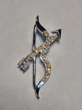 Vintage Aurora Rhinestone Bow & Arrow Brooch Cupid Archer Pin Silver Tone
