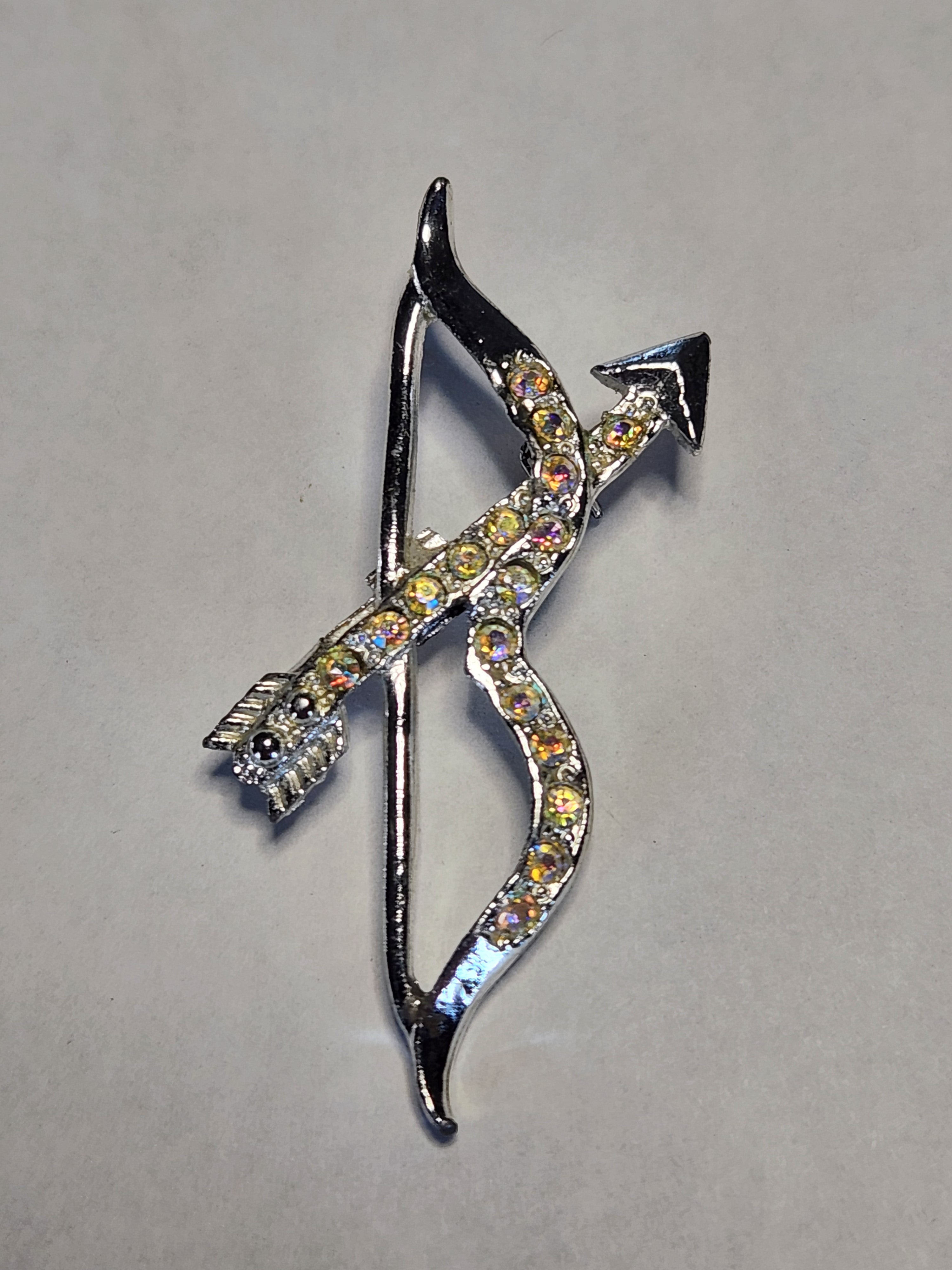 Vintage Aurora Rhinestone Bow & Arrow Brooch Cupid Archer Pin Silver Tone