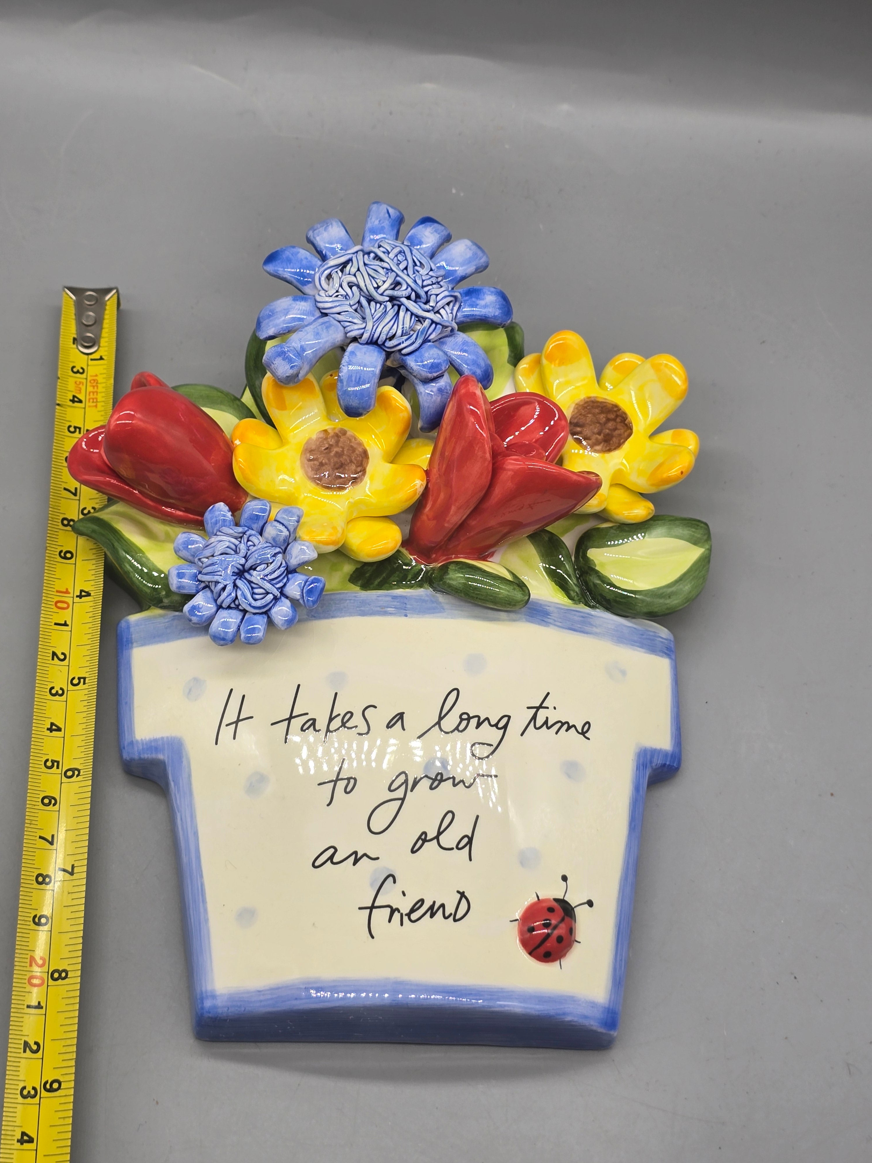 Marianne Richmond "It Takes a Long Time to Grow an Old Friend" Ceramic Wall Plaque – 3D Floral Art 2002
