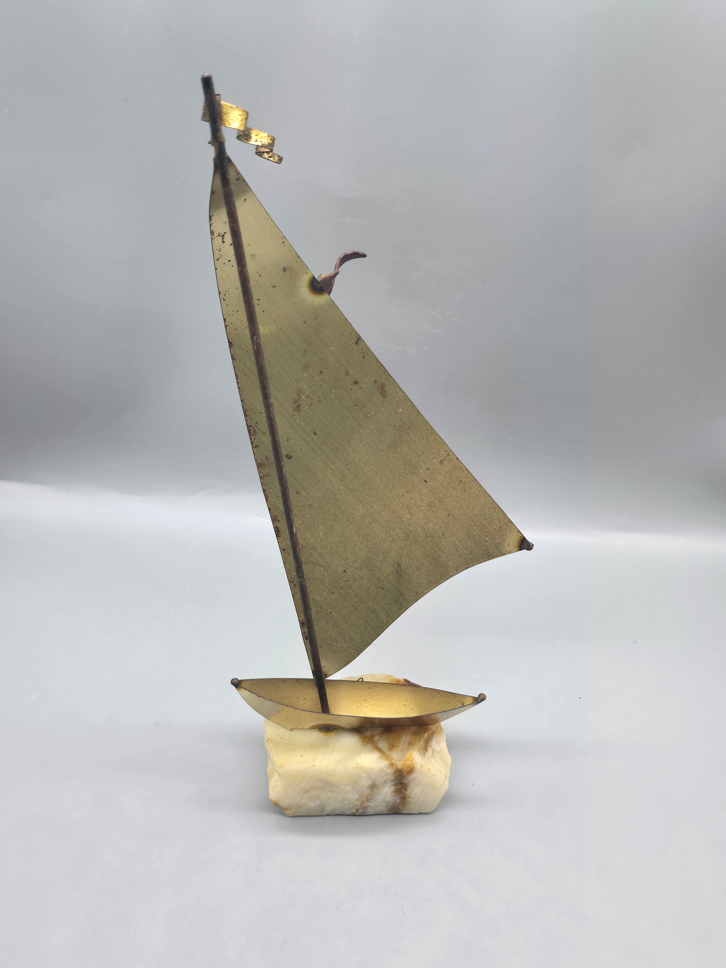 Vintage Signed "Nemo" Brass 12" Sailboat Sculpture on Alabaster Base – Mid Century Modern Nautical Décor
