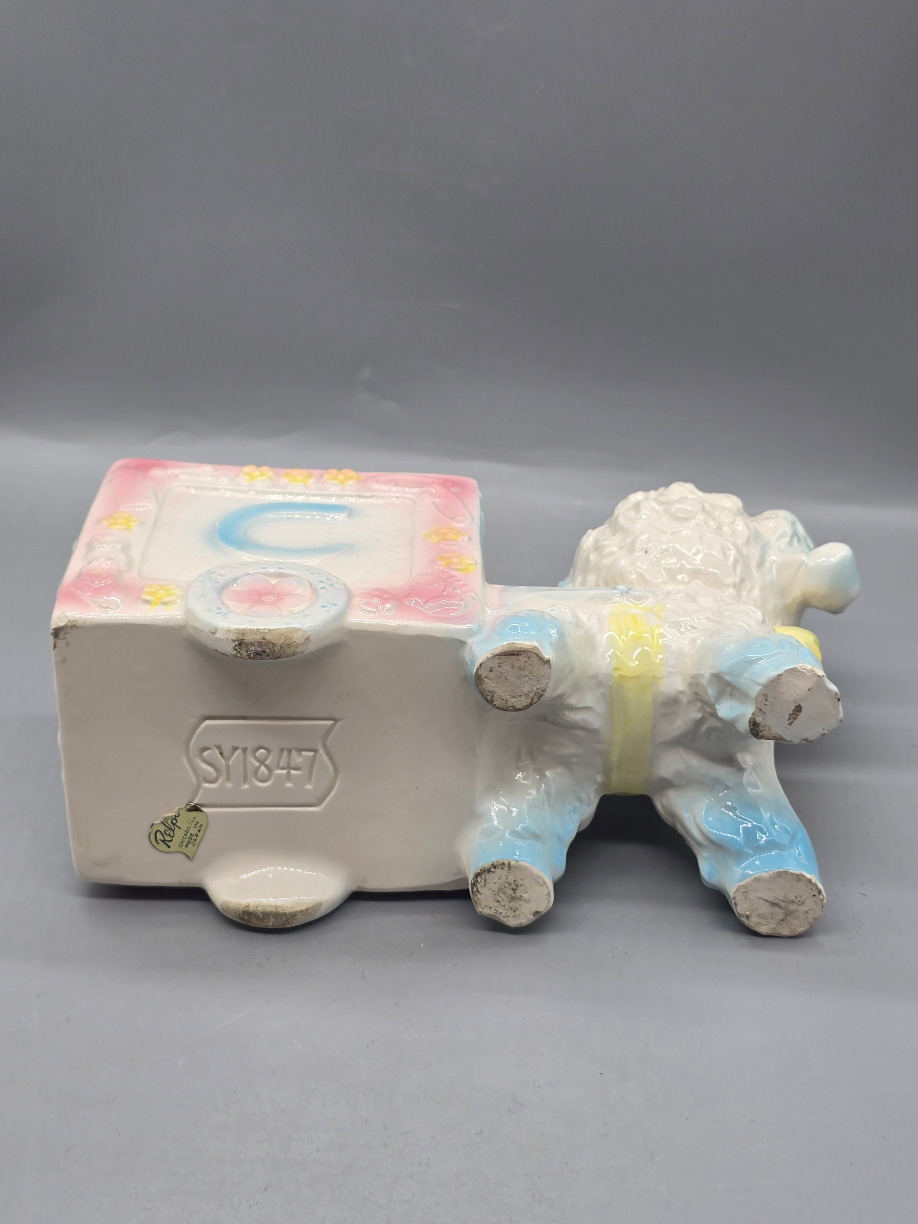 Vintage Ceramic Spaghetti Poodle Pull Wagon Planter Alphabet Block "A" Nursery Japan