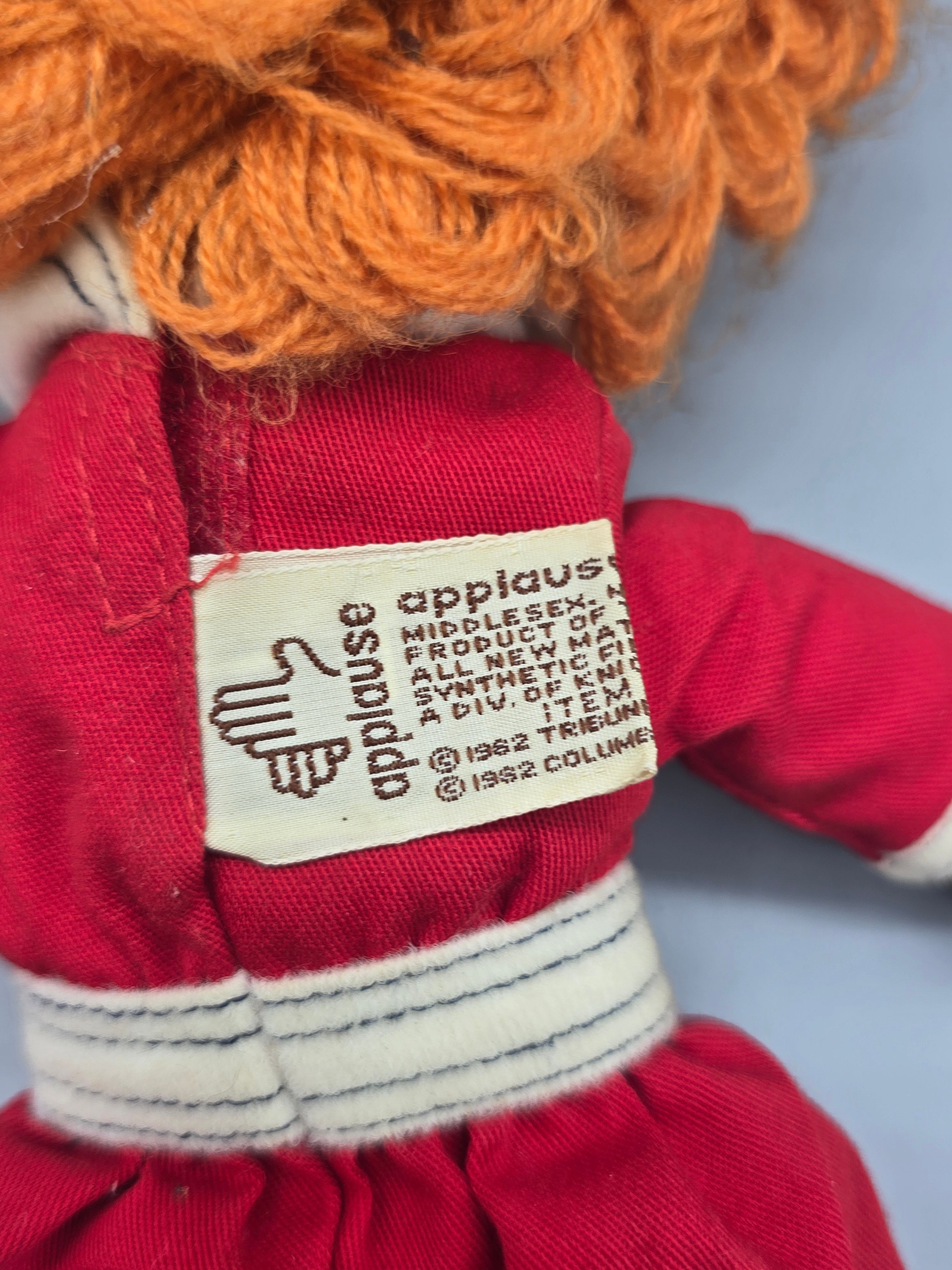 Vintage 1982 Applause Annie Rag Doll 12" Red Dress Yarn Hair Soft Cloth Plush