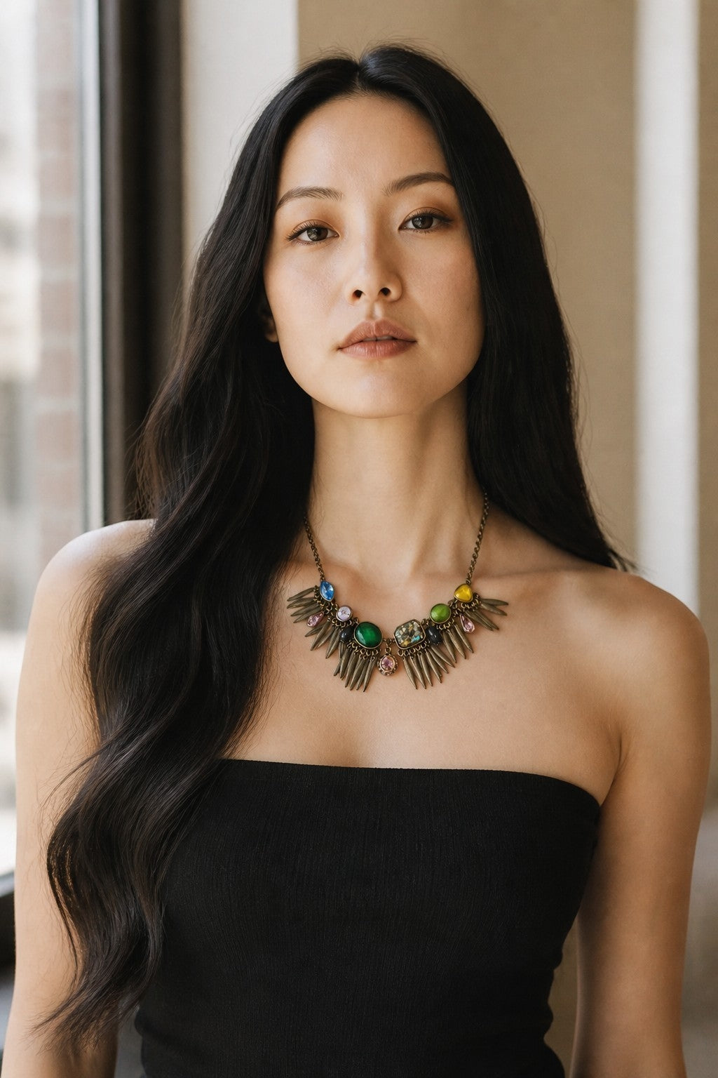 Vintage Boho Multicolor Rhinestone Statement Fringe Bib Necklace Antique Bronze Tone
