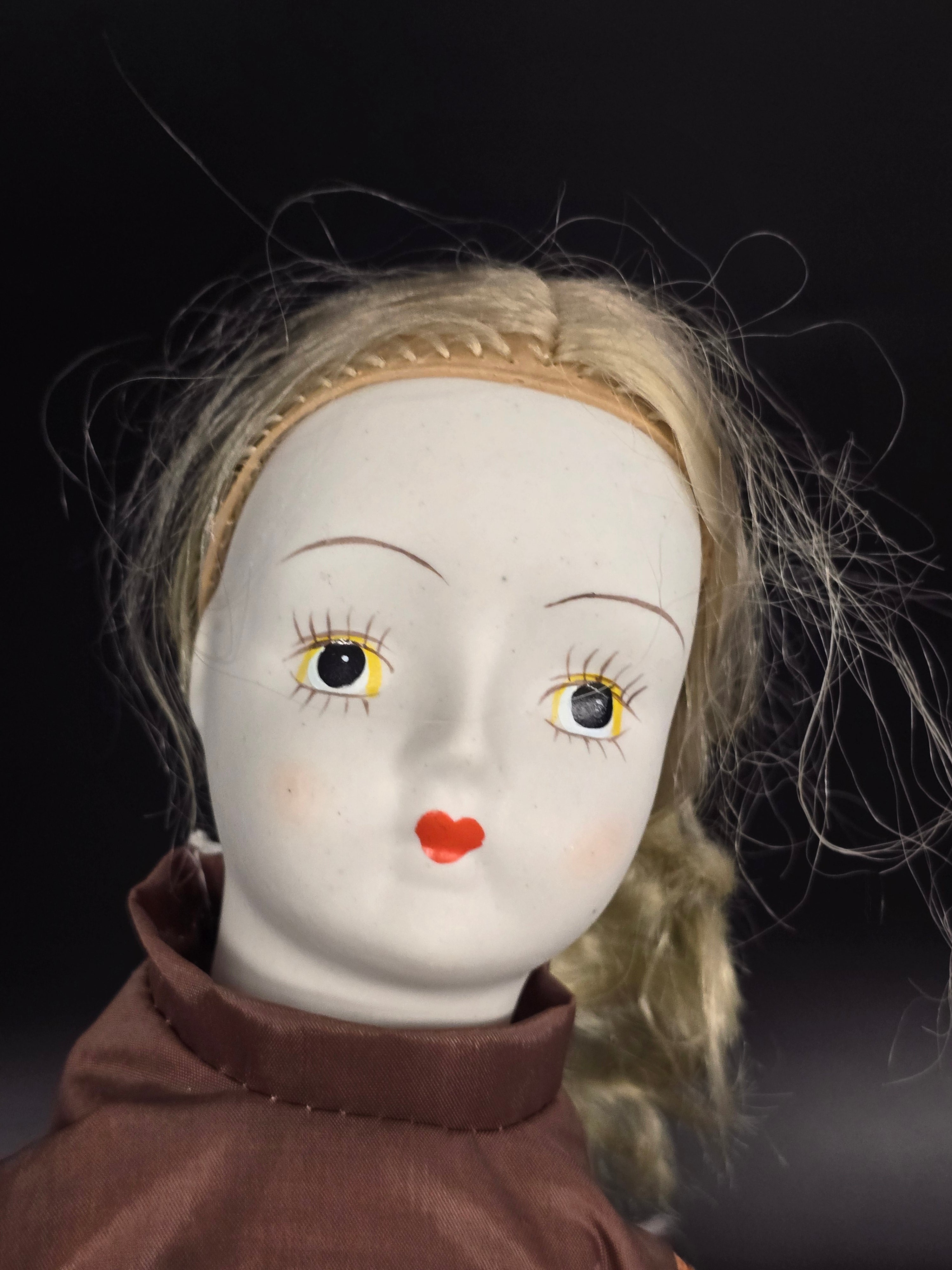 Vintage 18" Porcelain Head Doll Blonde Hair Brown Floral Dress Straw Hat Display Doll