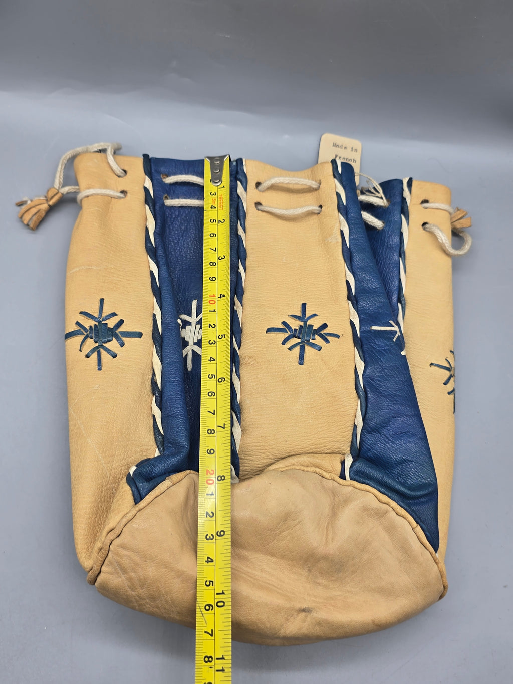 Vintage Handmade French Moroccan Leather Drawstring Bucket Bag Blue & Tan Boho Purse