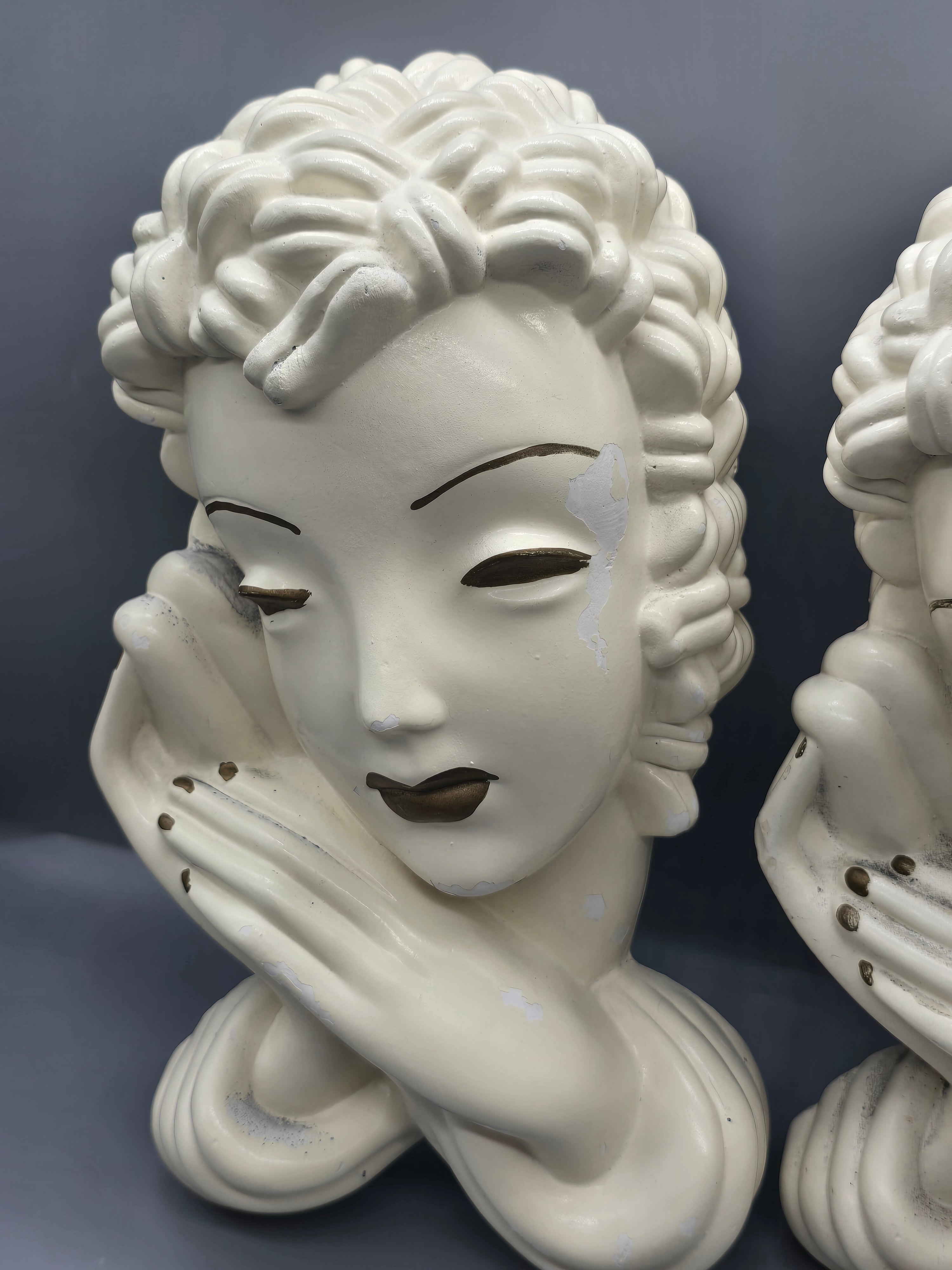 Vintage Art Deco Style Lady Wall Plaques Chalkware/Plaster Wall Hanging Set of 2 – 10"