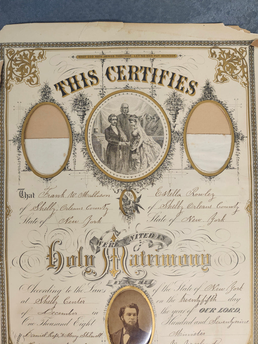 1879 Antique New York Marriage Certificate w Tintype Photo Ornate Document