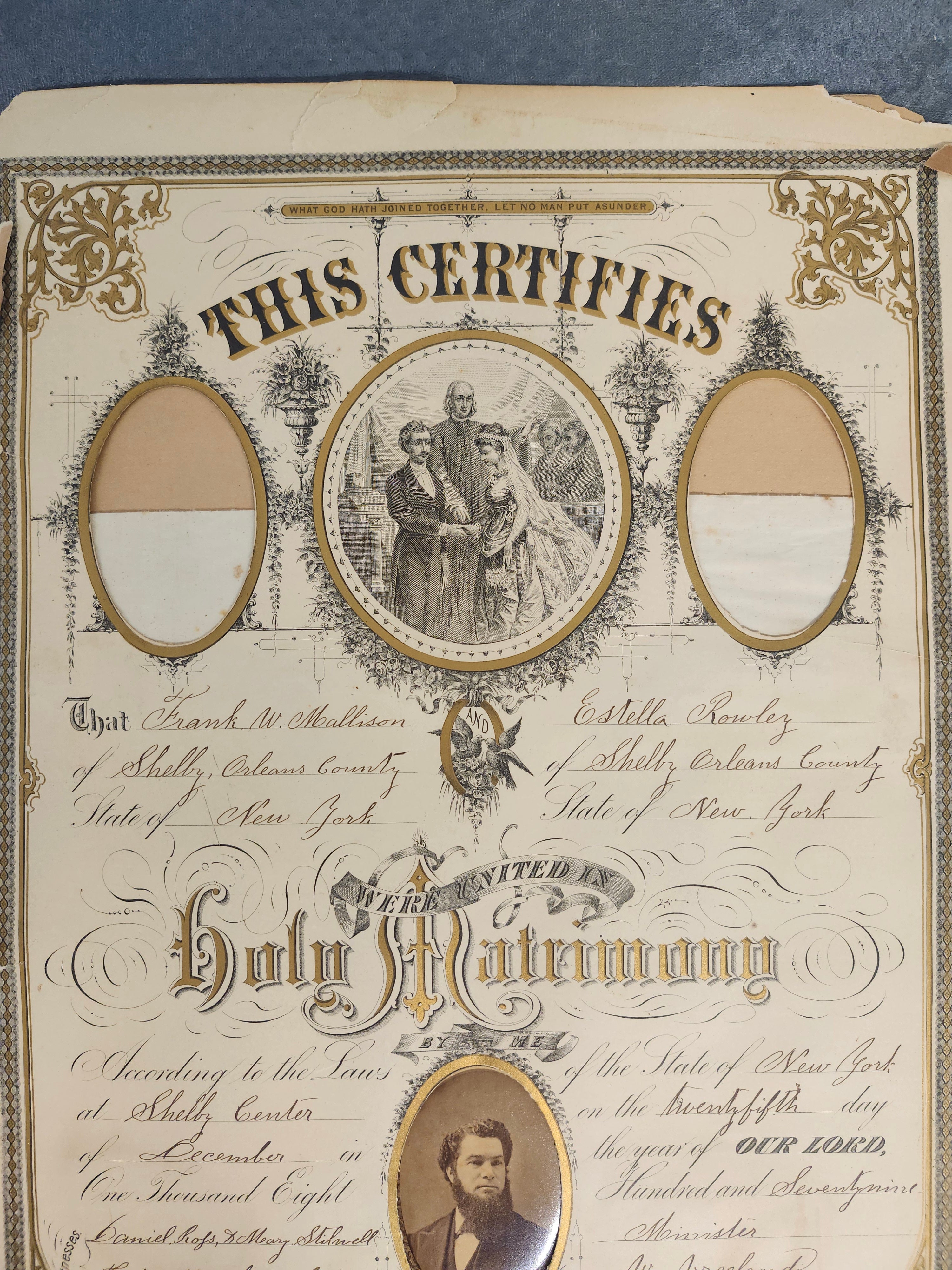 1879 Antique New York Marriage Certificate w Tintype Photo Ornate Document