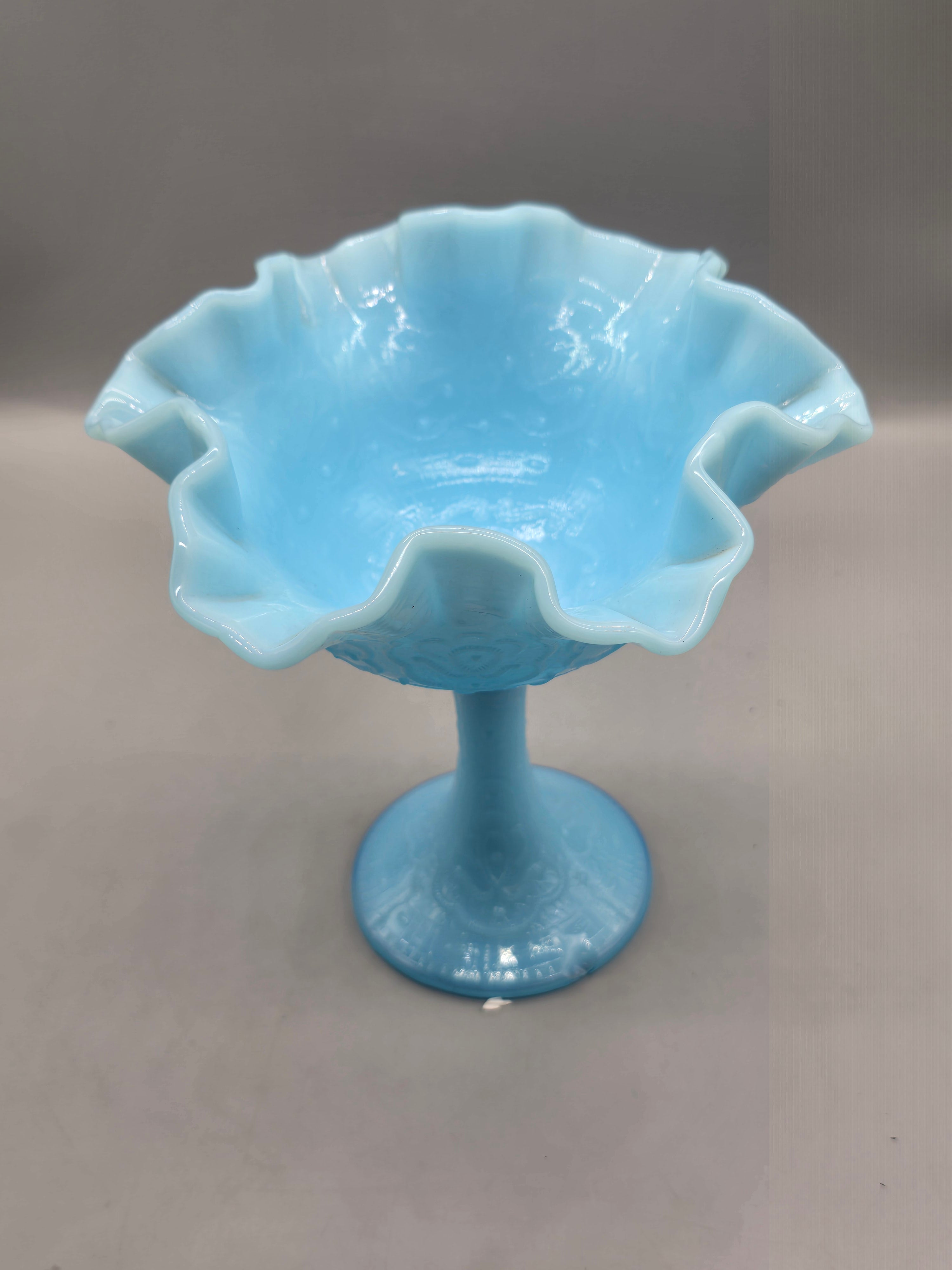 Fenton Blue Satin Glass Compote Pedestal Bowl – Ruffled Edge Candy Dish – Vintage Milk Glass