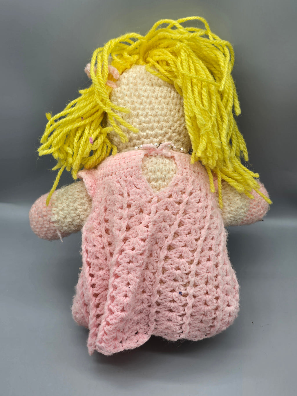 Handmade Crochet Pig Doll – Pink Dress – Blonde Yarn Hair – 17" Plush Collectible