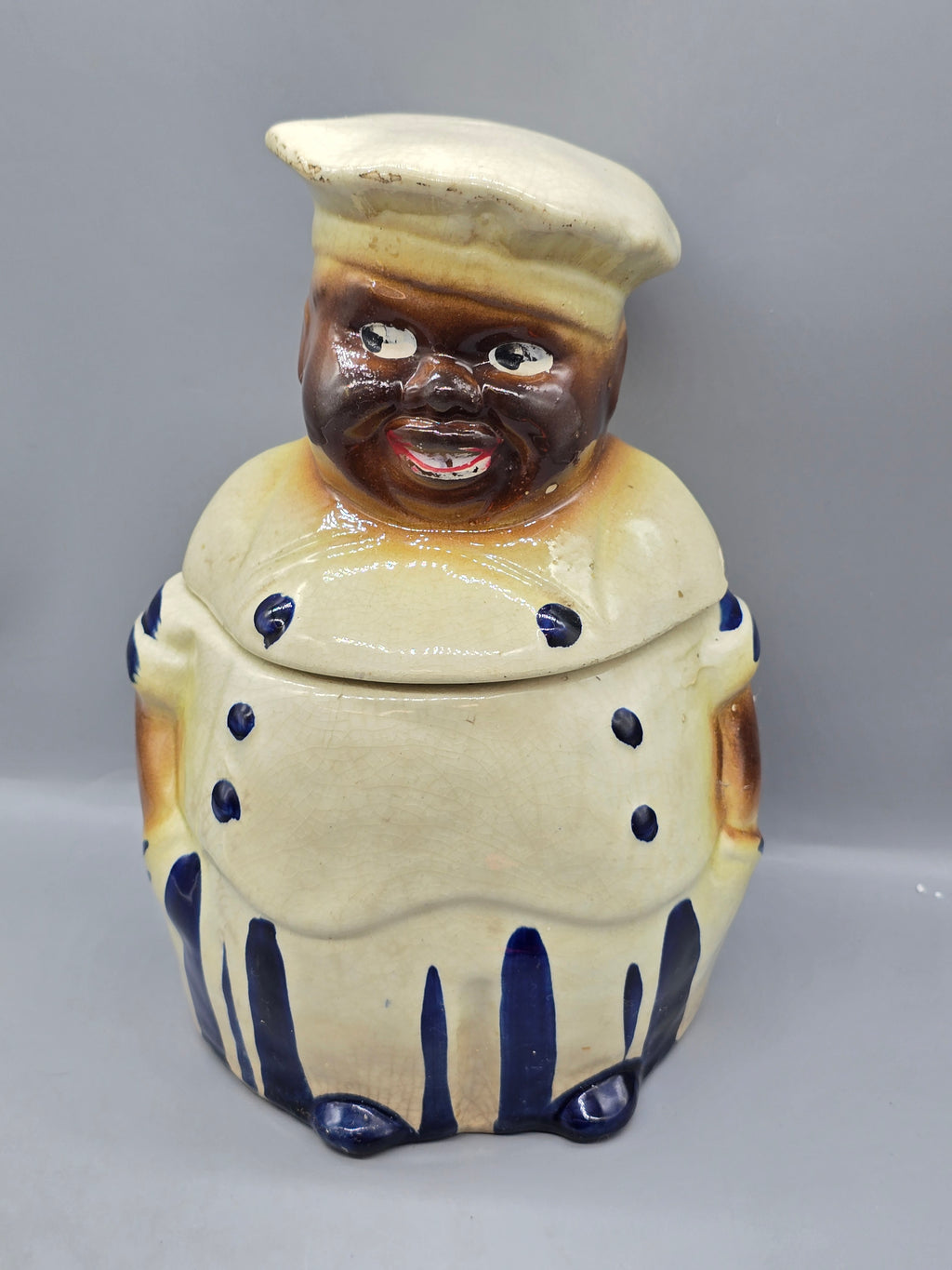 Vintage Black Americana Chef Cookie Jar Blue & White Pottery Ceramic w/ Lid