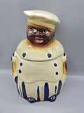 Vintage Black Americana Chef Cookie Jar Blue & White Pottery Ceramic w/ Lid