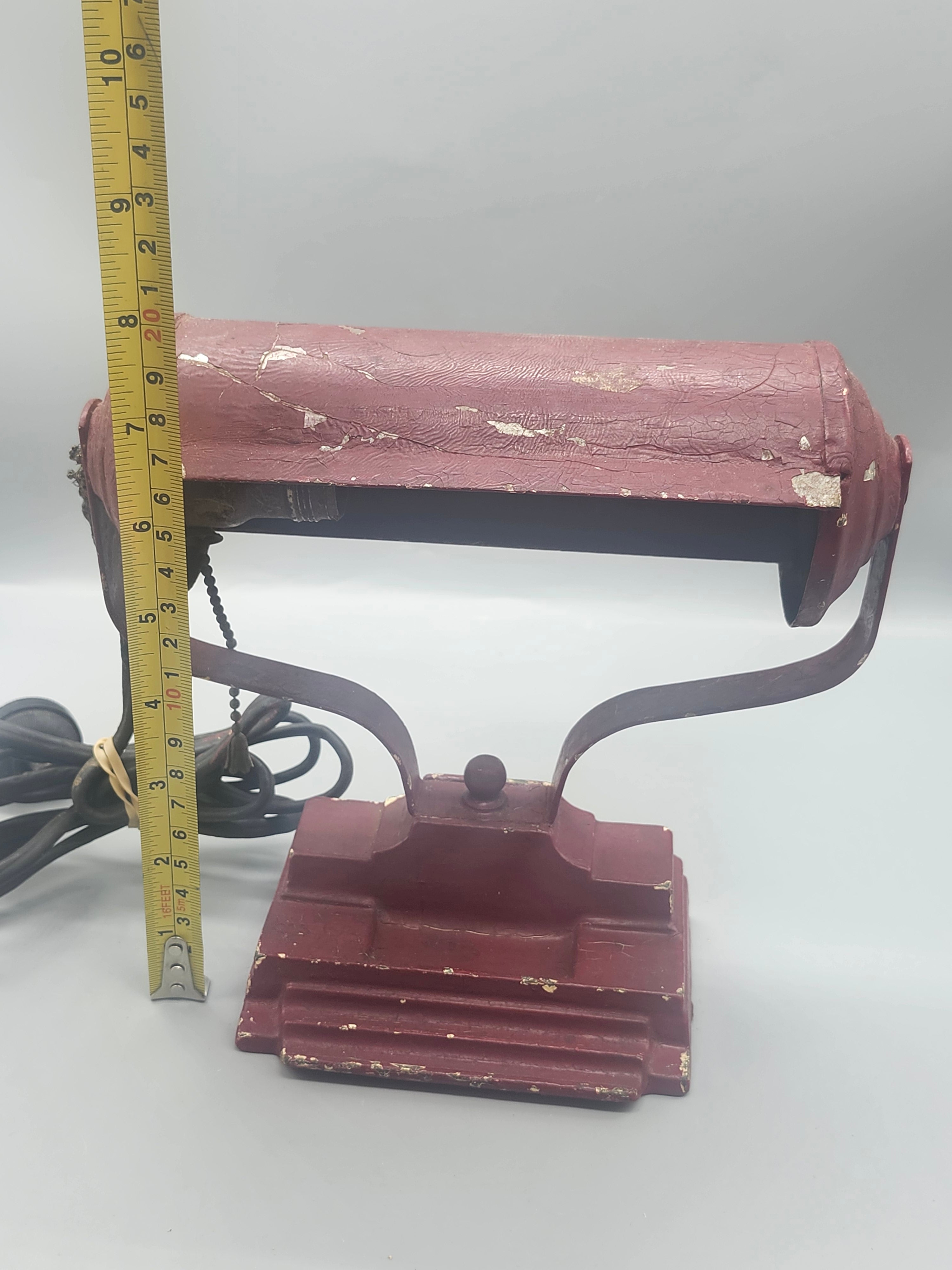 Vintage Industrial Desk Lamp Cast Iron Base Burgundy Pull Chain Tested Works