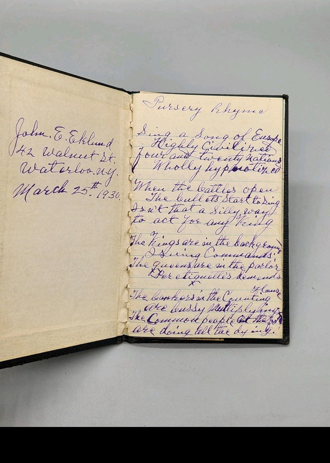 Vintage 1930 Memorandum Waterloo New York John E Eklund Handwritten Journal Poetry Notes