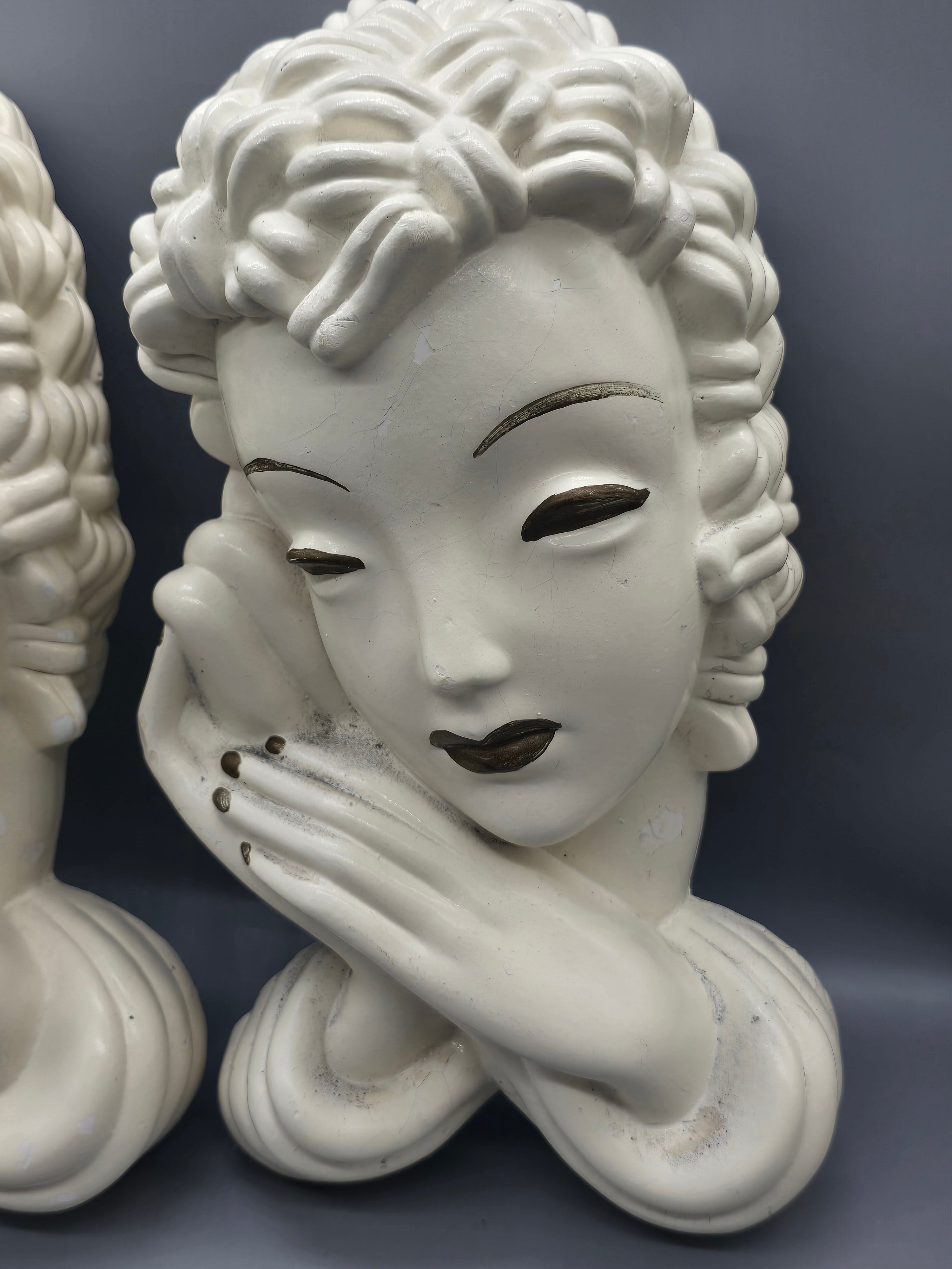 Vintage Art Deco Style Lady Wall Plaques Chalkware/Plaster Wall Hanging Set of 2 – 10"