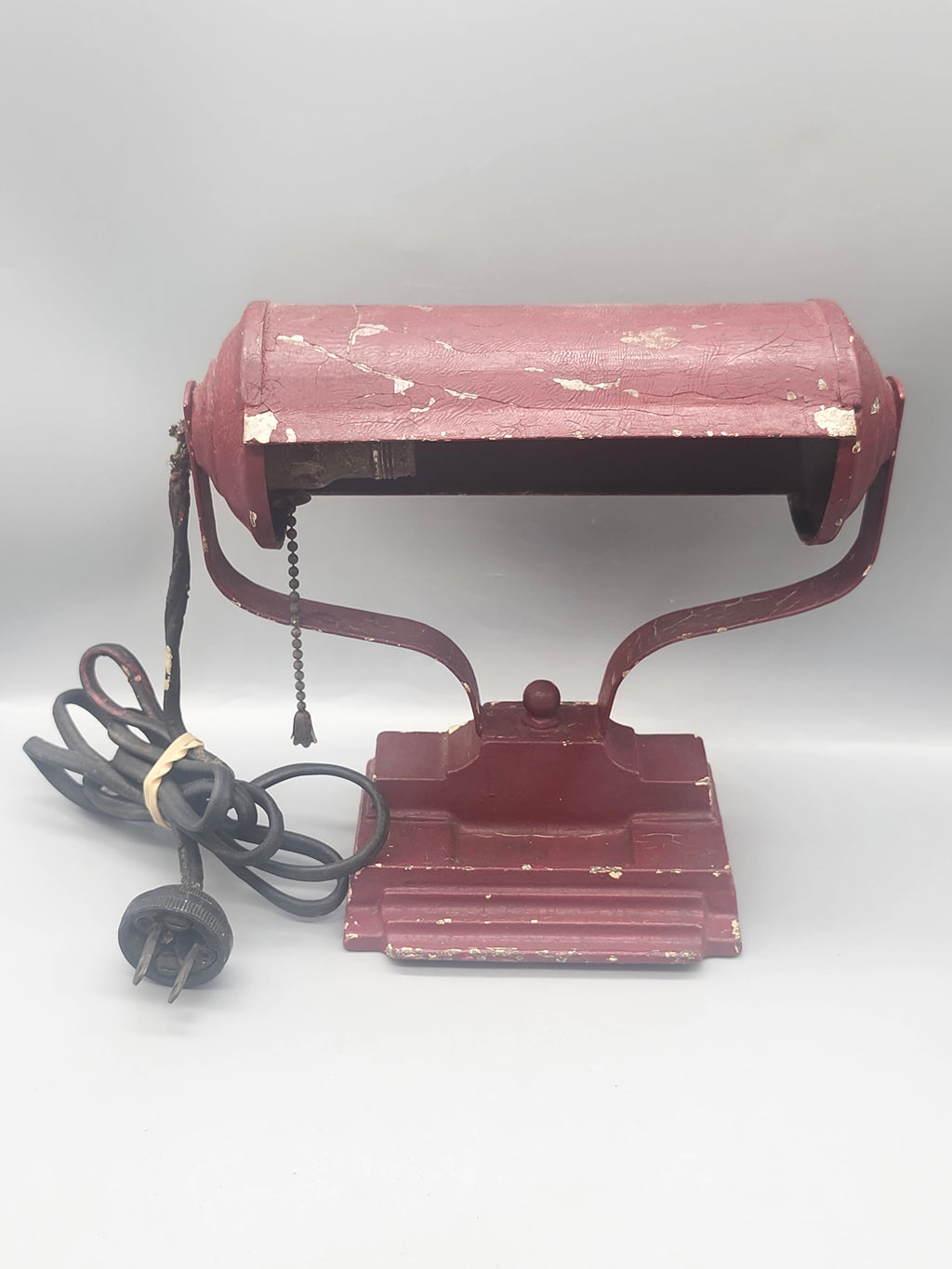 Vintage Industrial Desk Lamp Cast Iron Base Burgundy Pull Chain Tested Works