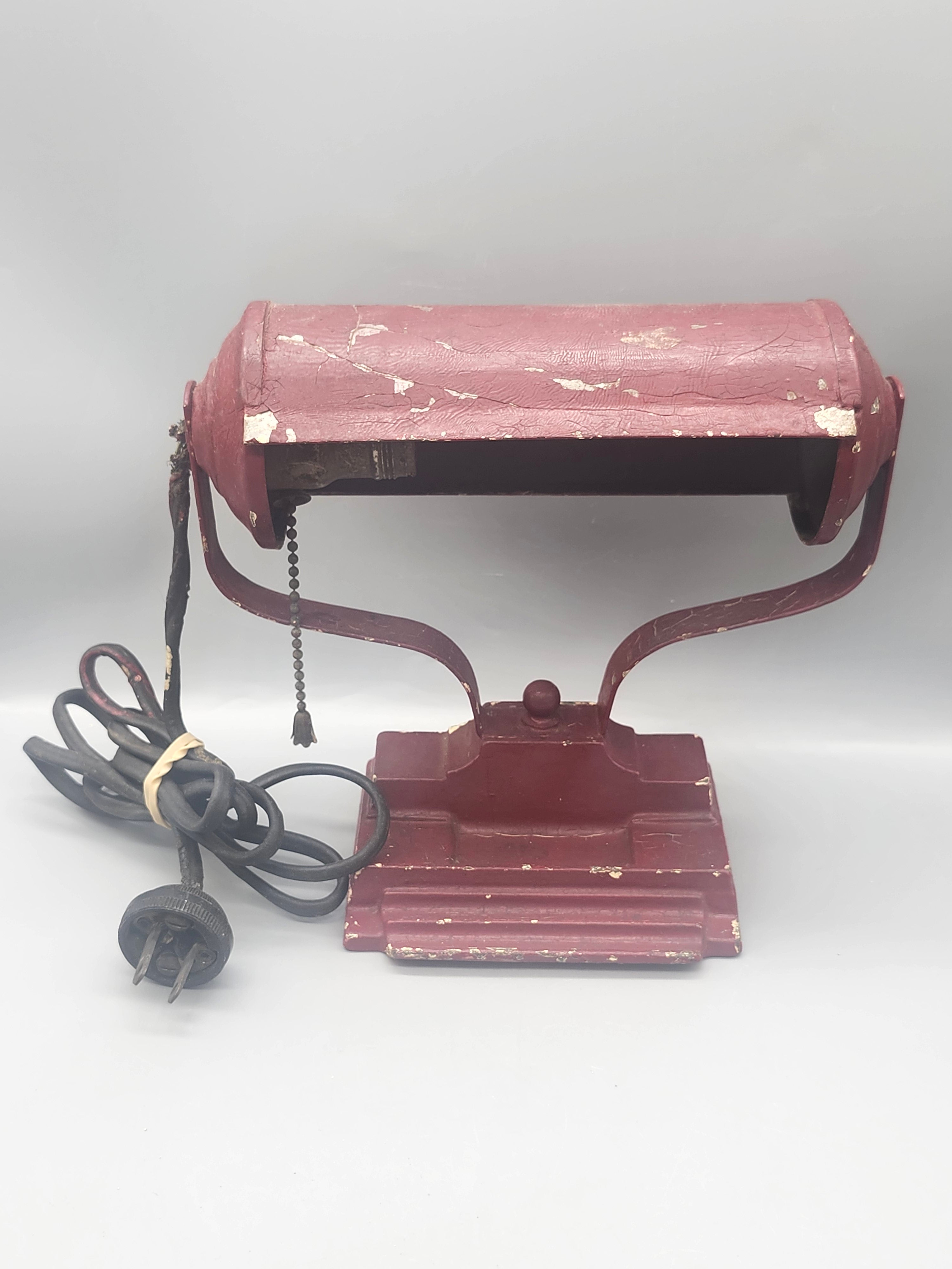 Vintage Industrial Desk Lamp Cast Iron Base Burgundy Pull Chain Tested Works