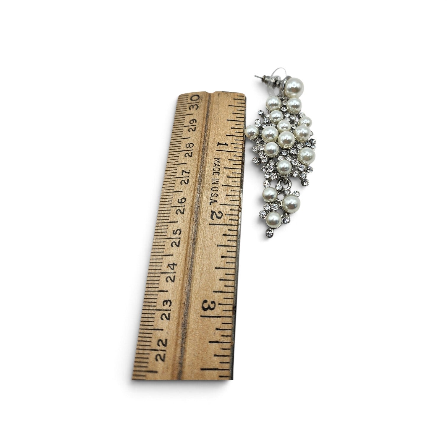 Vintage Faux Pearl & Rhinestone Statement Dangle Earrings Silver Tone