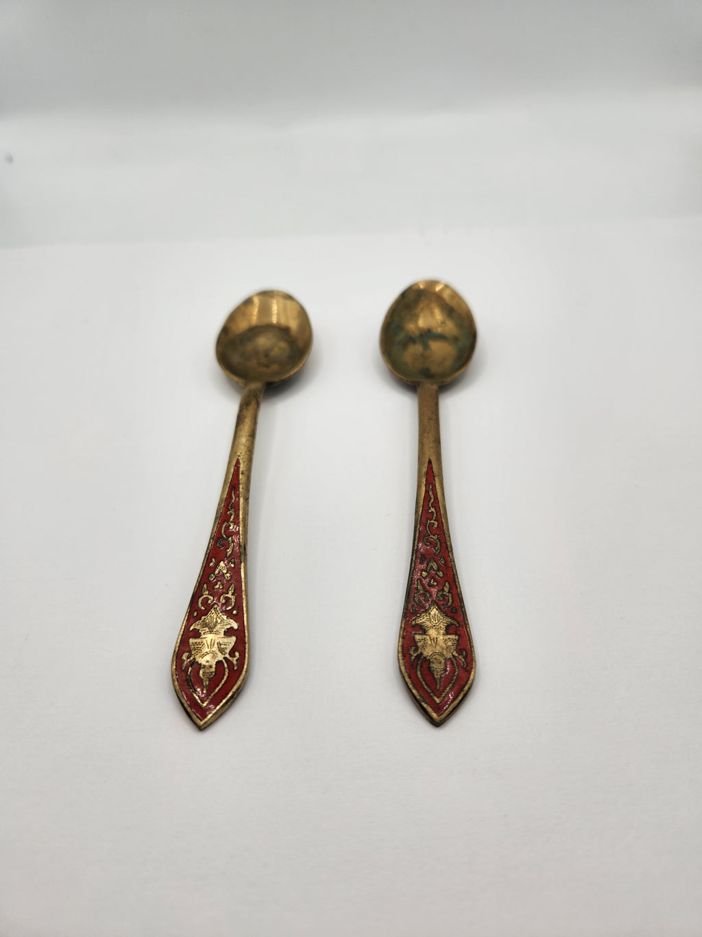 Vintage Brass Cloisonne Demitasse Spoons Set of 2 Red Enamel Floral Handles