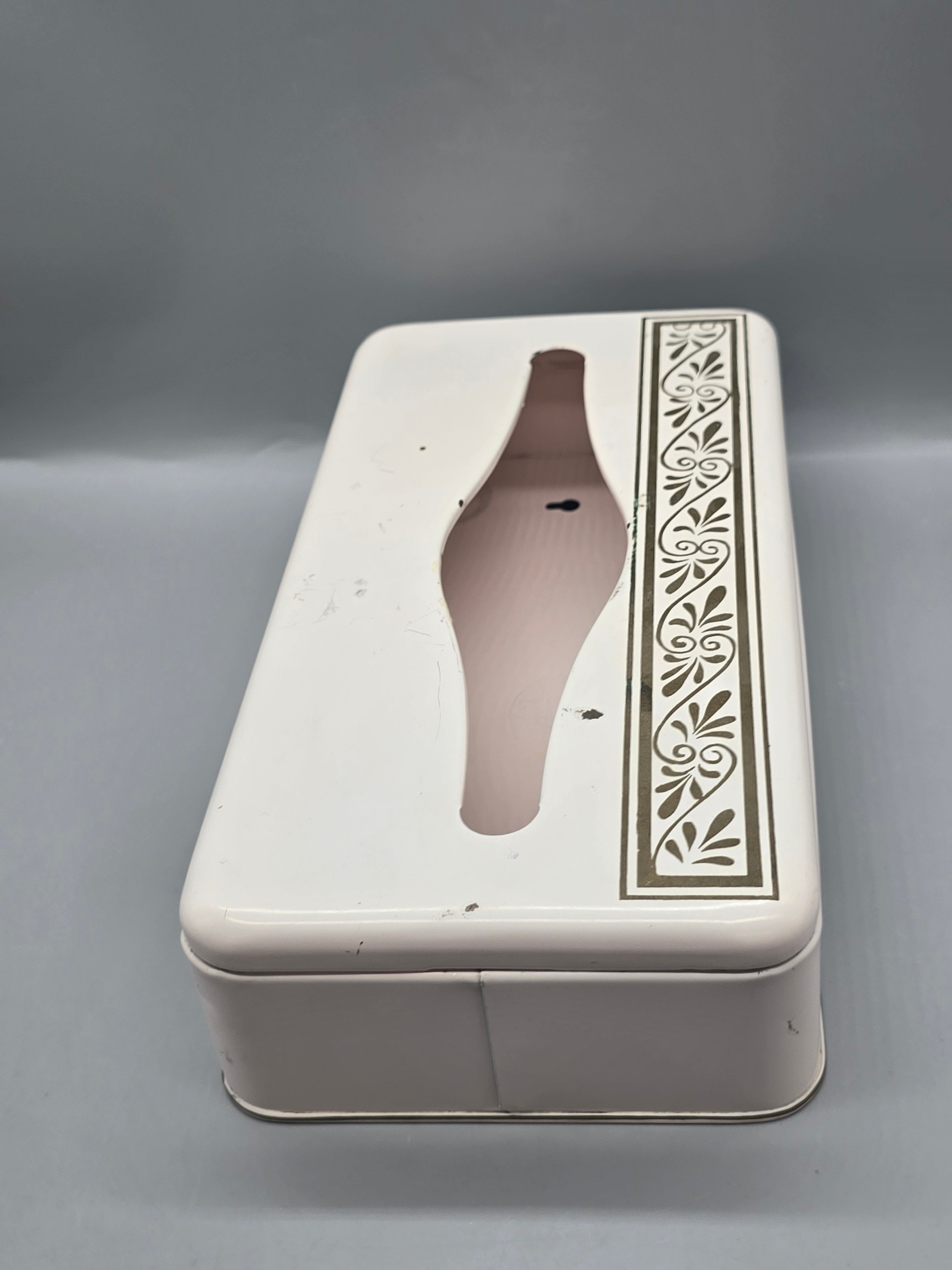 Vintage Rusting Metal Tissue Box Cover Mid Century Floral Scroll Bathroom Vanity Holder 11.5"