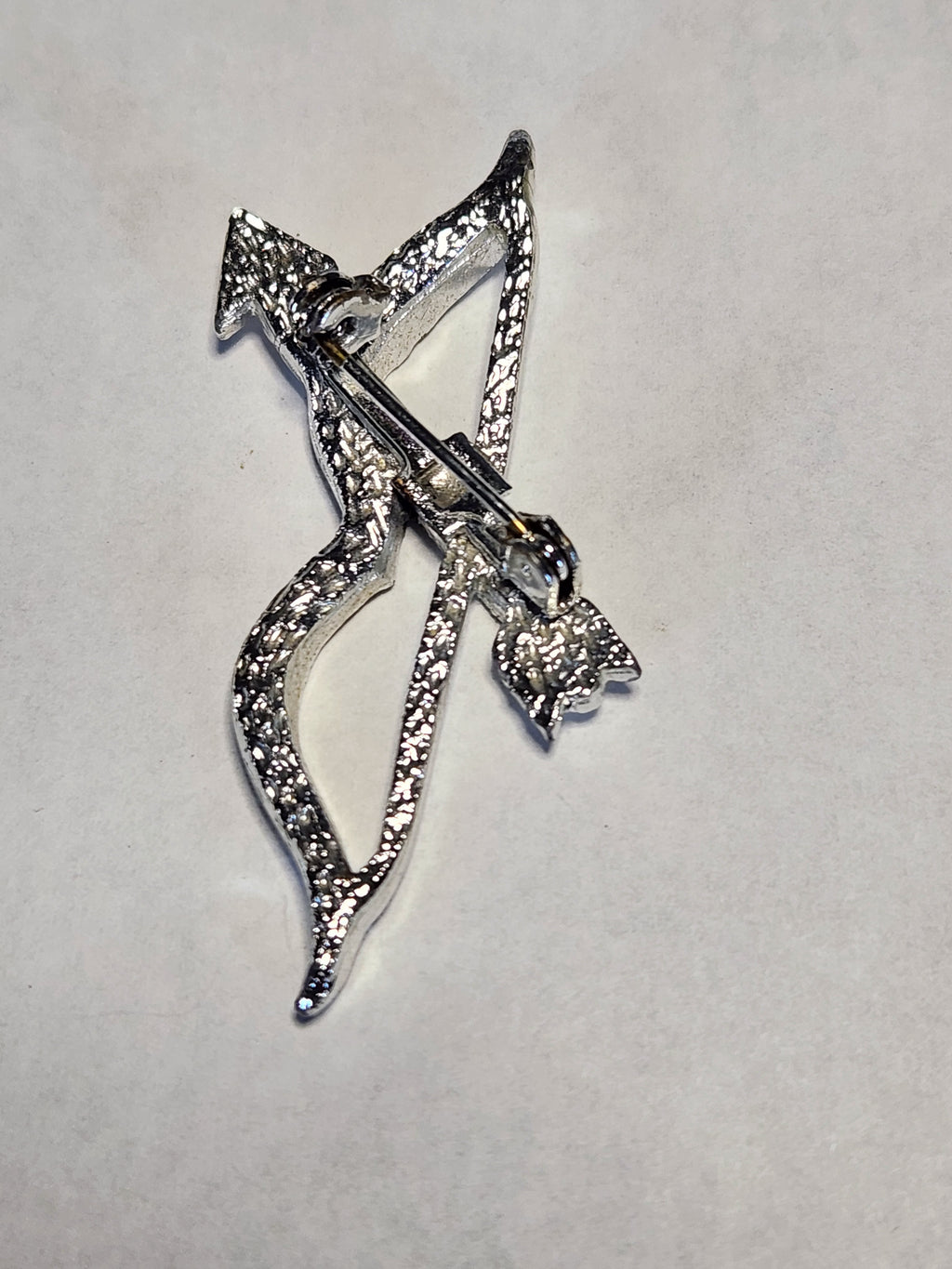 Vintage Aurora Rhinestone Bow & Arrow Brooch Cupid Archer Pin Silver Tone
