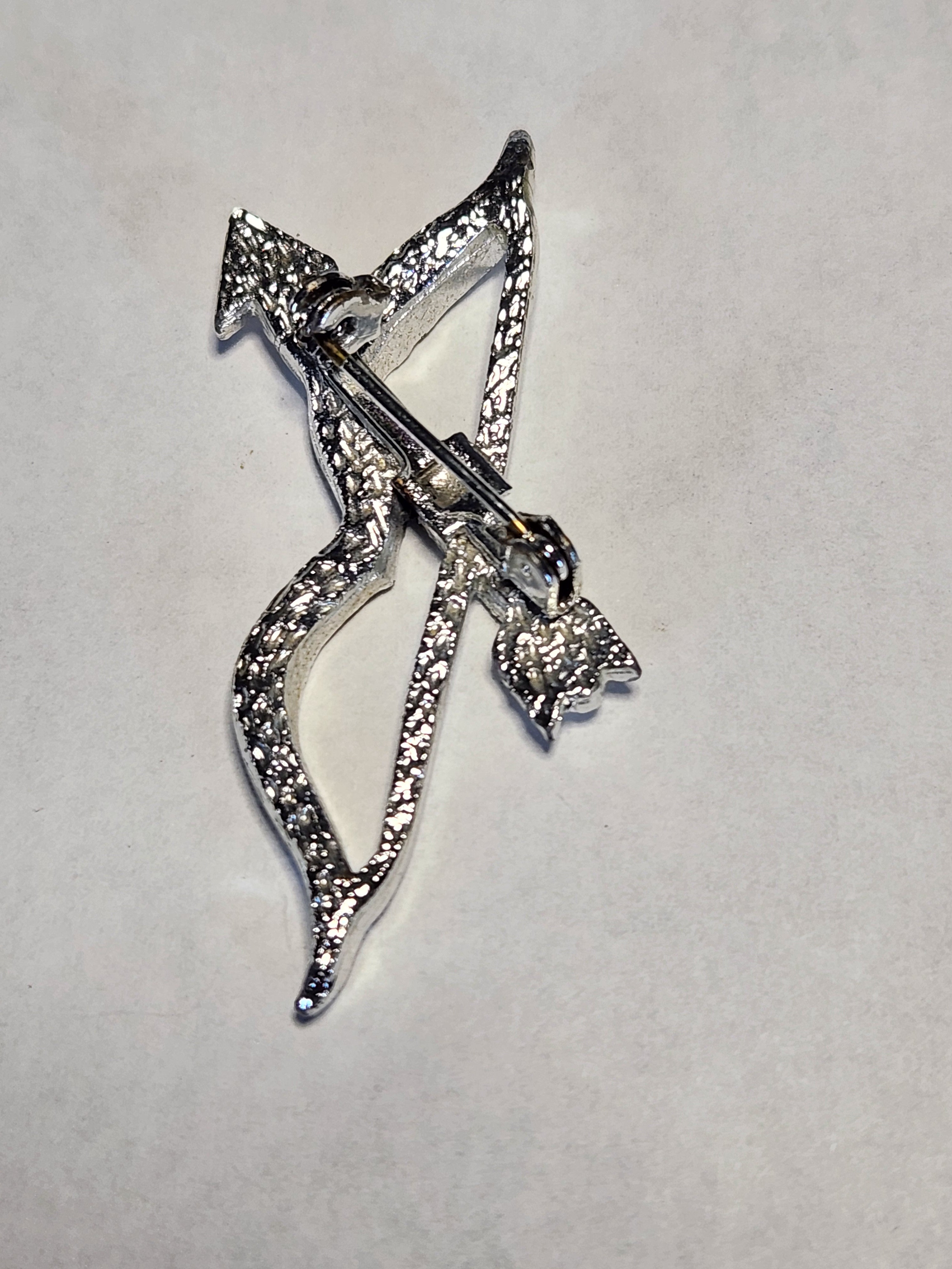 Vintage Aurora Rhinestone Bow & Arrow Brooch Cupid Archer Pin Silver Tone