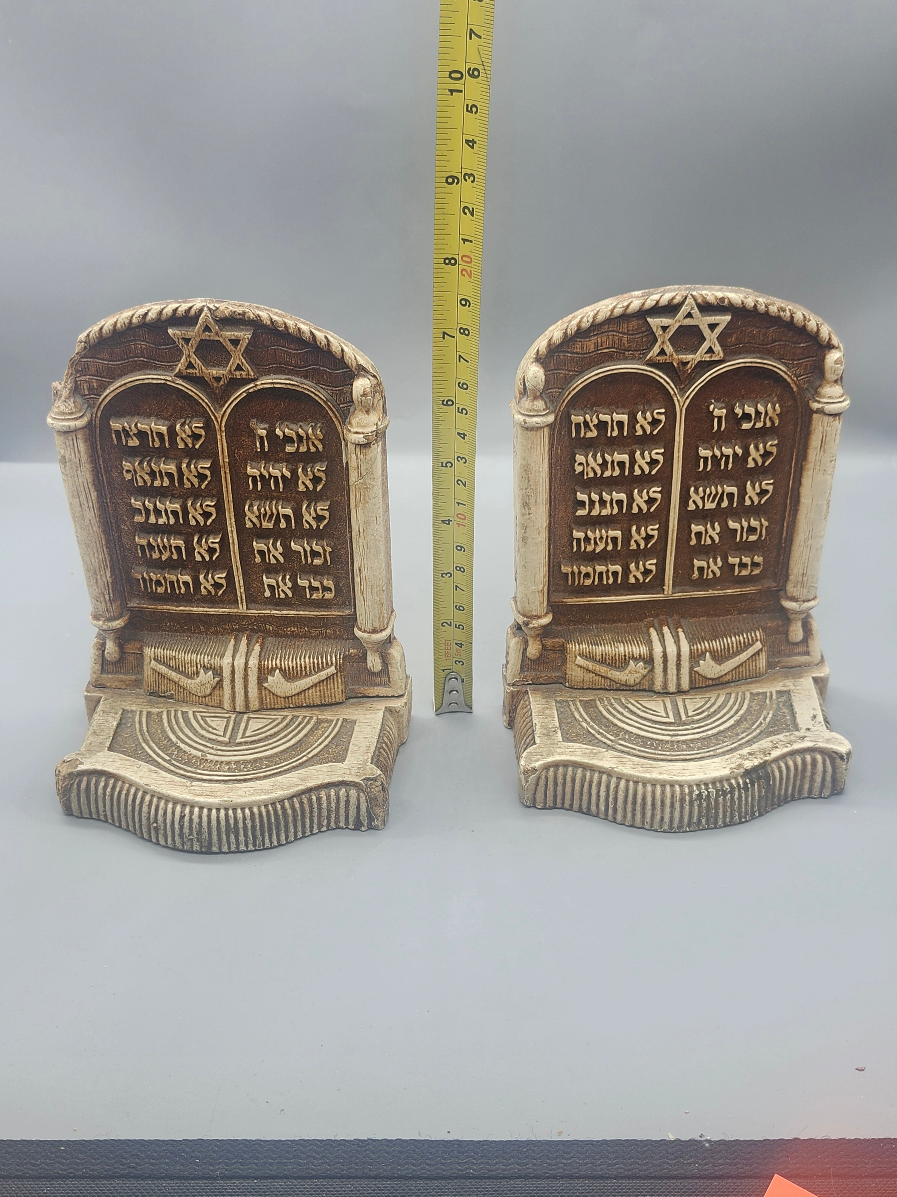 Vintage Judaica Ten Commandments Bookends Hebrew Stone Resin Set of 2
