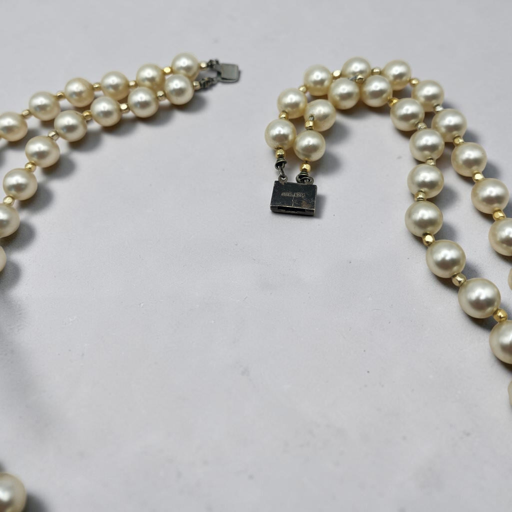 Vintage 22" Double Strand Faux Pearl Necklace Sterling Silver Clasp Gold Tone Spacers