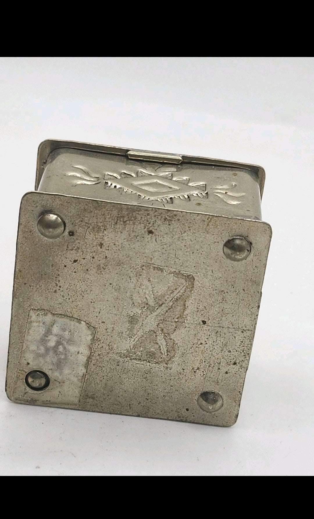 Small Silver Metal Trinket Box Southwestern Geometric Design Hinged Lid Decor