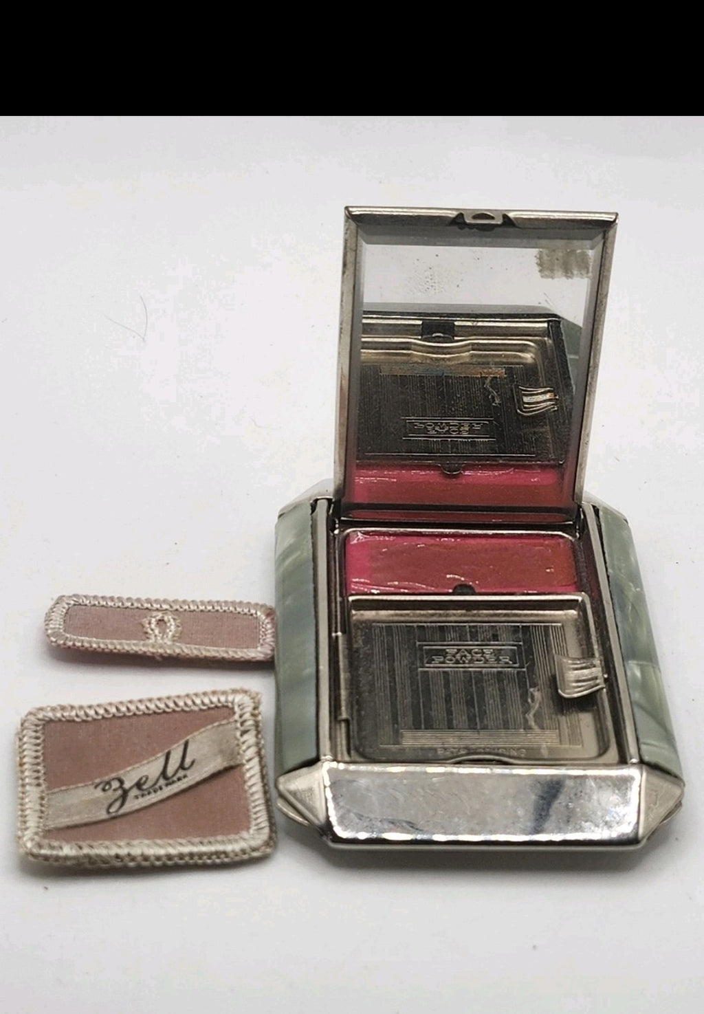 Vintage Zell Green Marbled Compact Face Powder Rouge Mirror Art Deco Case Vanity