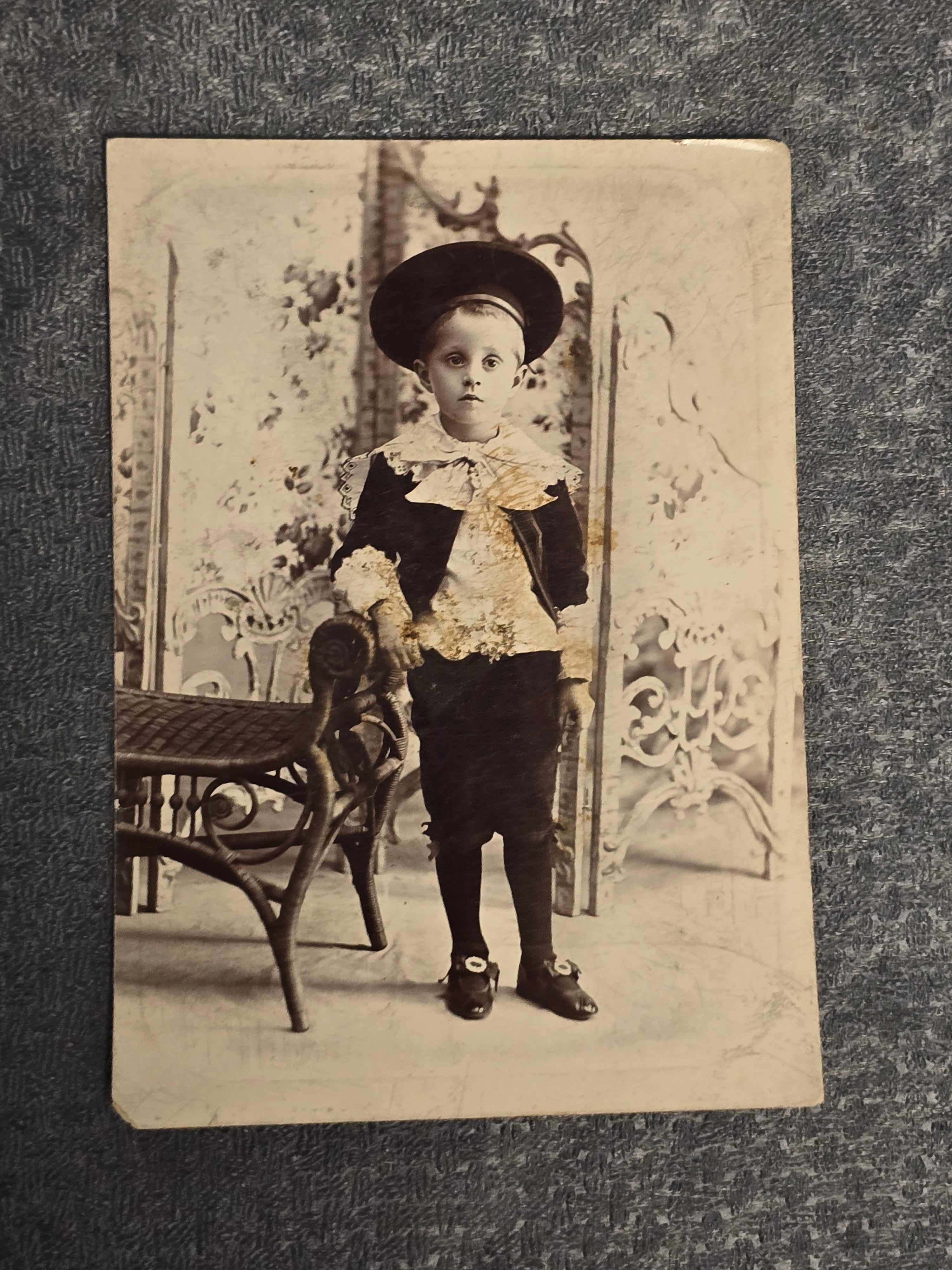Antique Victorian Cabinet Card Photograph Child in Fancy Outfit & Wide-Brim Hat