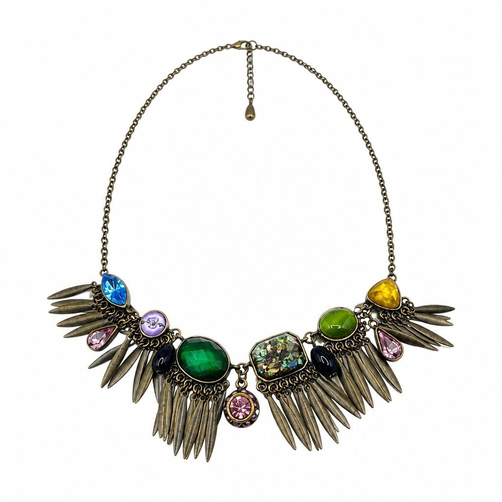 Vintage Boho Multicolor Rhinestone Statement Fringe Bib Necklace Antique Bronze Tone