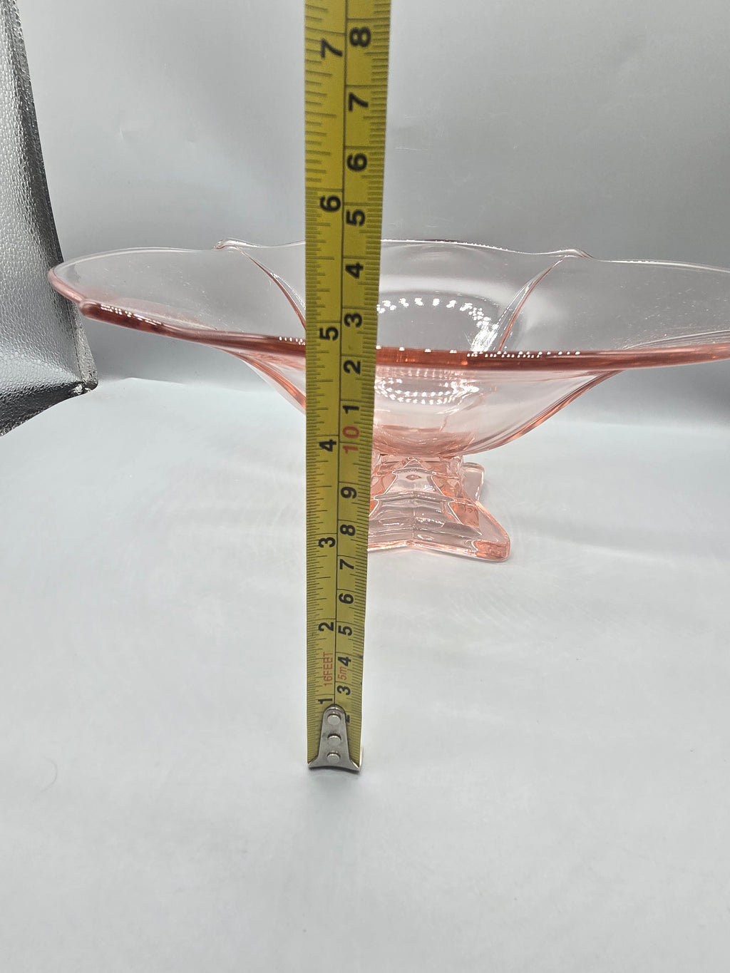 Vintage Pink Depression Glass Pedestal Console Bowl Ruffled Scalloped Edge Centerpiece