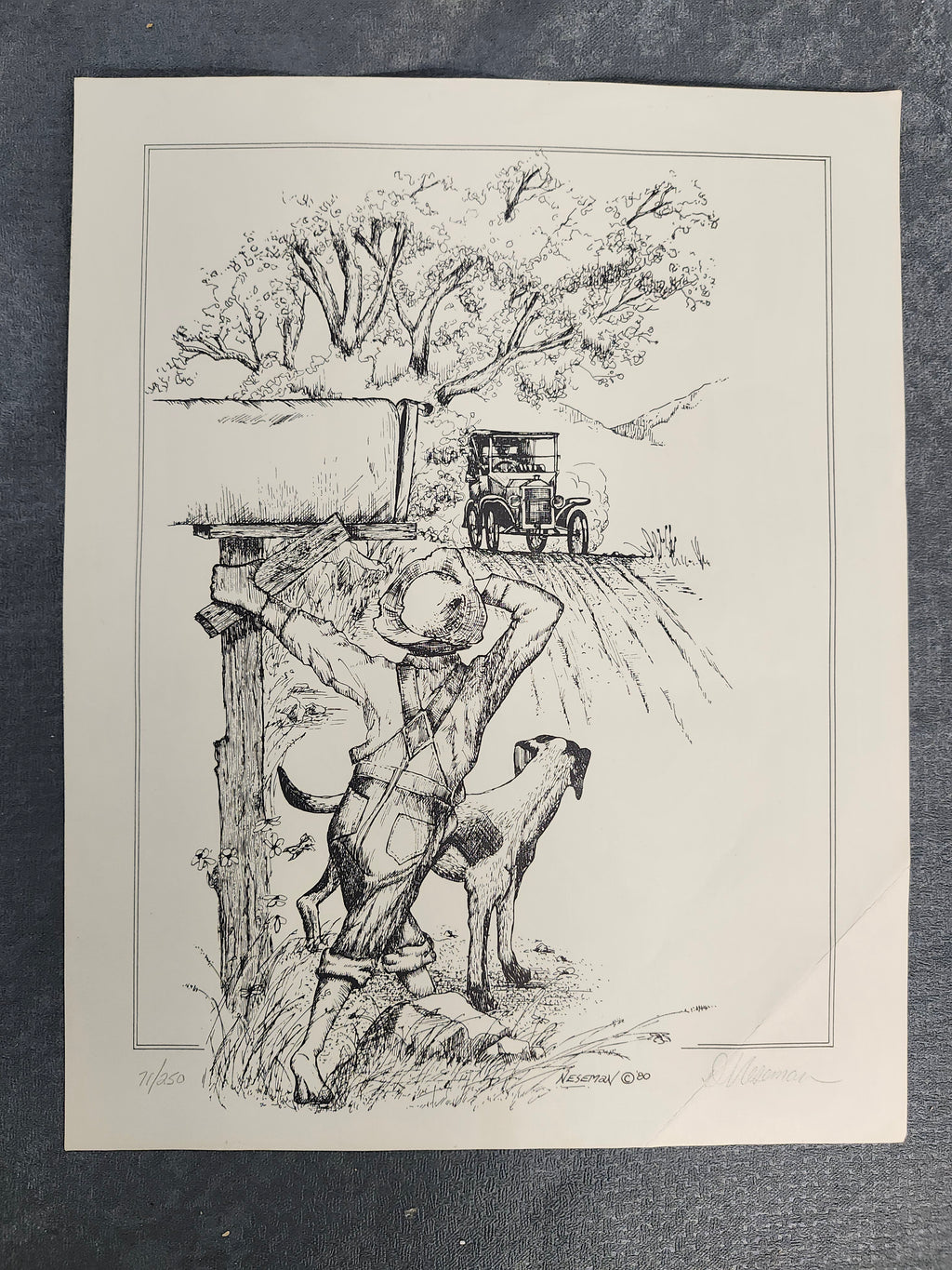 Signed Neseman 1980 Limited Edition Farm Boy Dog Print 71/250 11x14