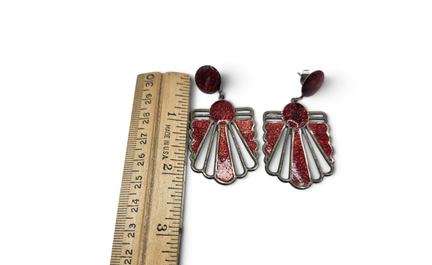 Vintage Art Deco Style Red Glitter Enamel Fan Drop Dangle Earrings