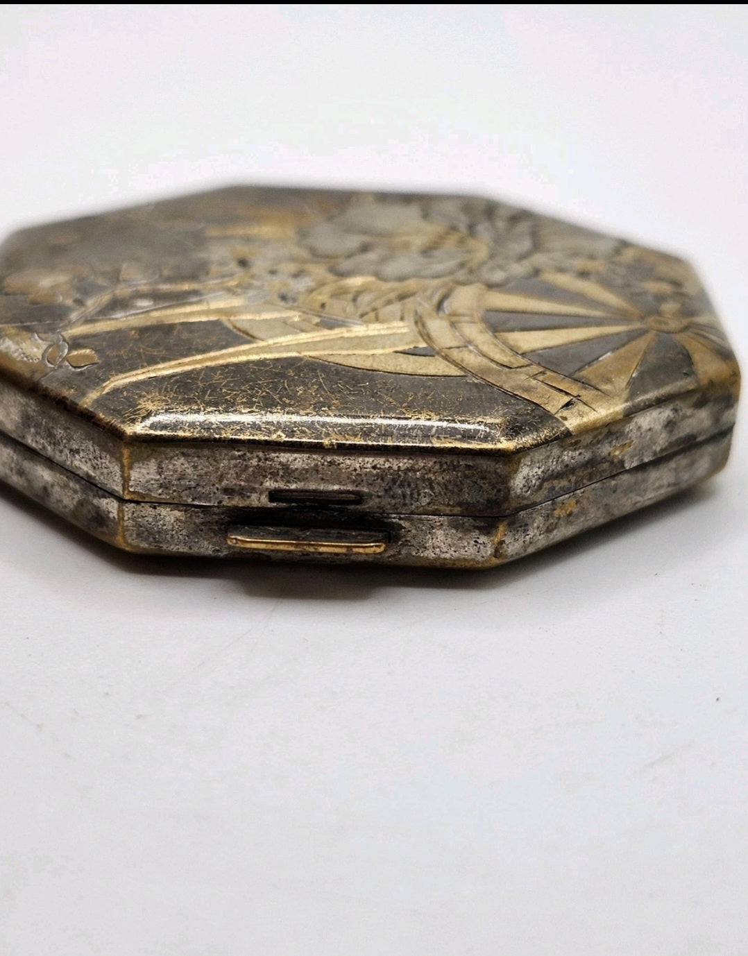 Vintage Art Deco Floral Powder Compact Mirror Octagon Gold Silver Tone Case