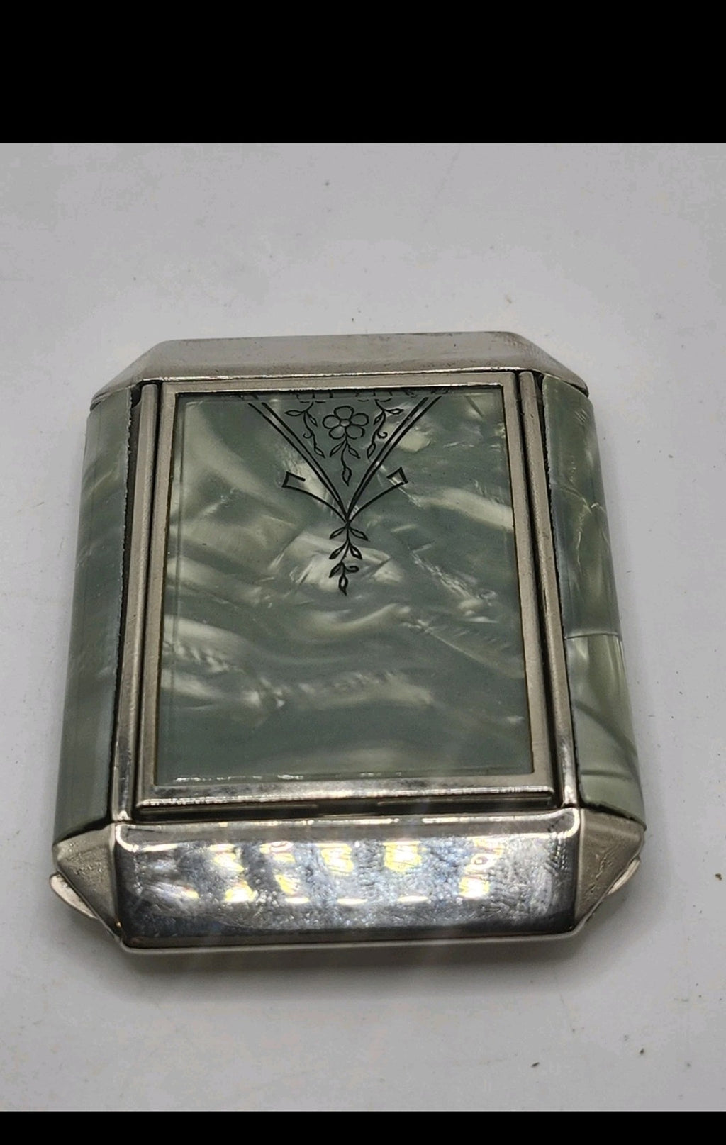 Vintage Zell Green Marbled Compact Face Powder Rouge Mirror Art Deco Case Vanity