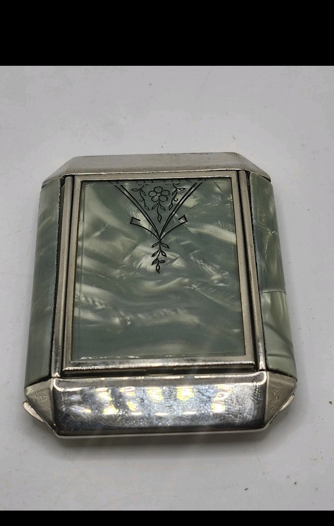 Vintage Zell Green Marbled Compact Face Powder Rouge Mirror Art Deco Case Vanity