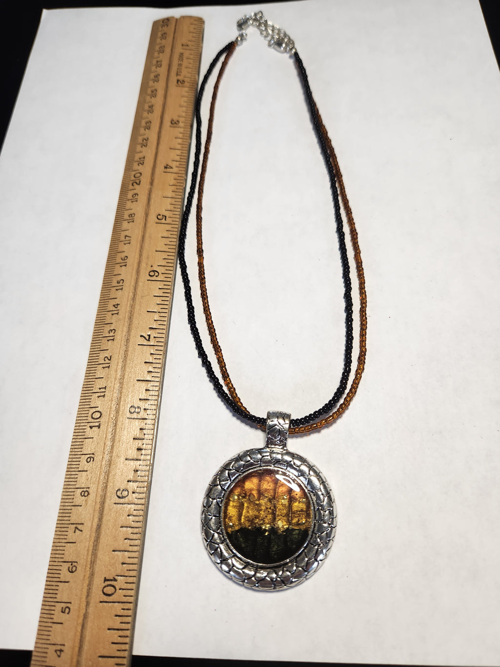 Handcrafted Art Glass Pendant Necklace Double Seed Bead Choker Silver Tone