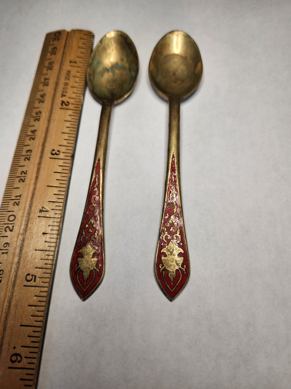 Vintage Brass Cloisonne Demitasse Spoons Set of 2 Red Enamel Floral Handles