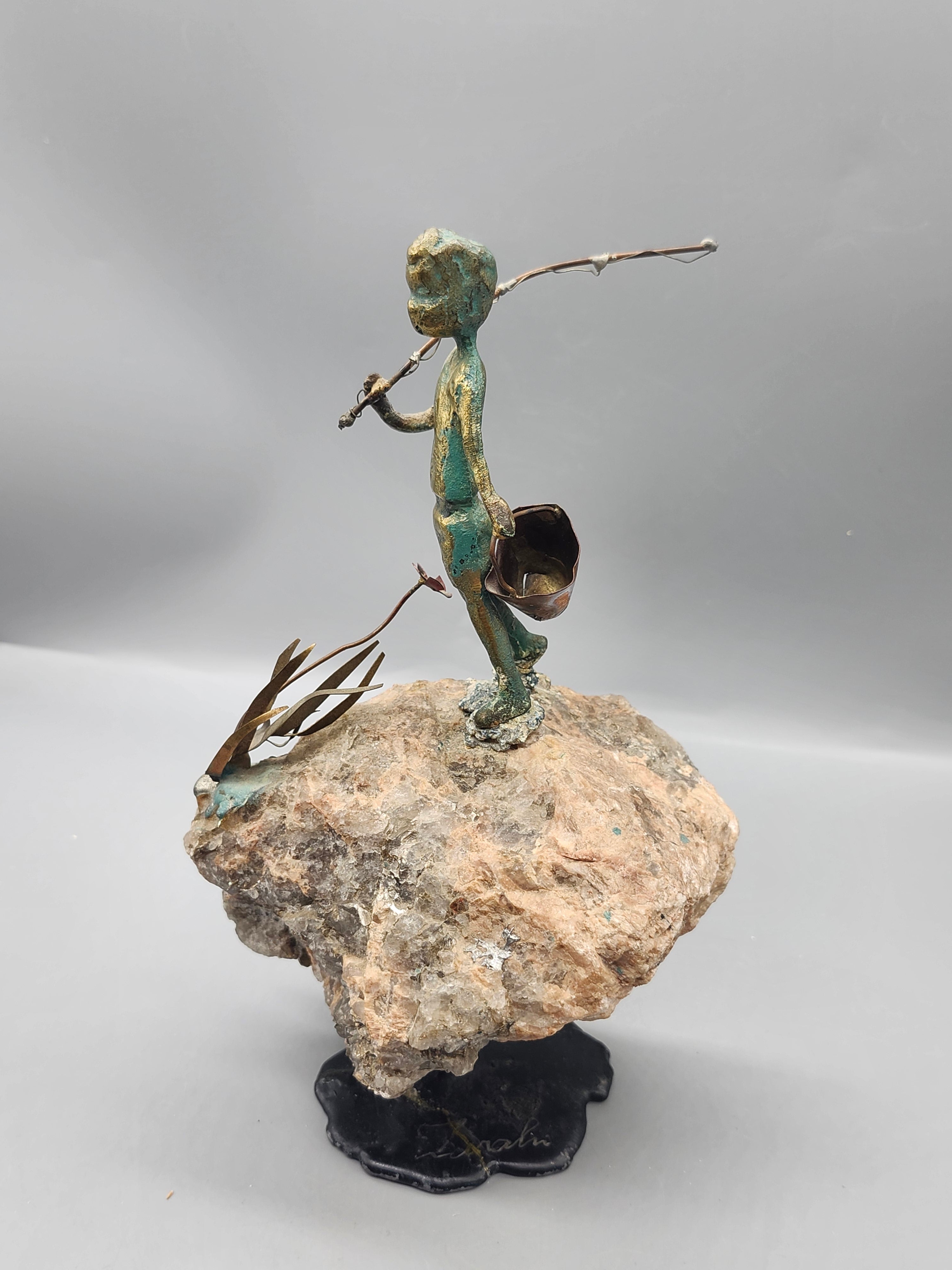 Signed Mixed Media Fisherman Sculpture on Quartz Rock Handmade Art Statue