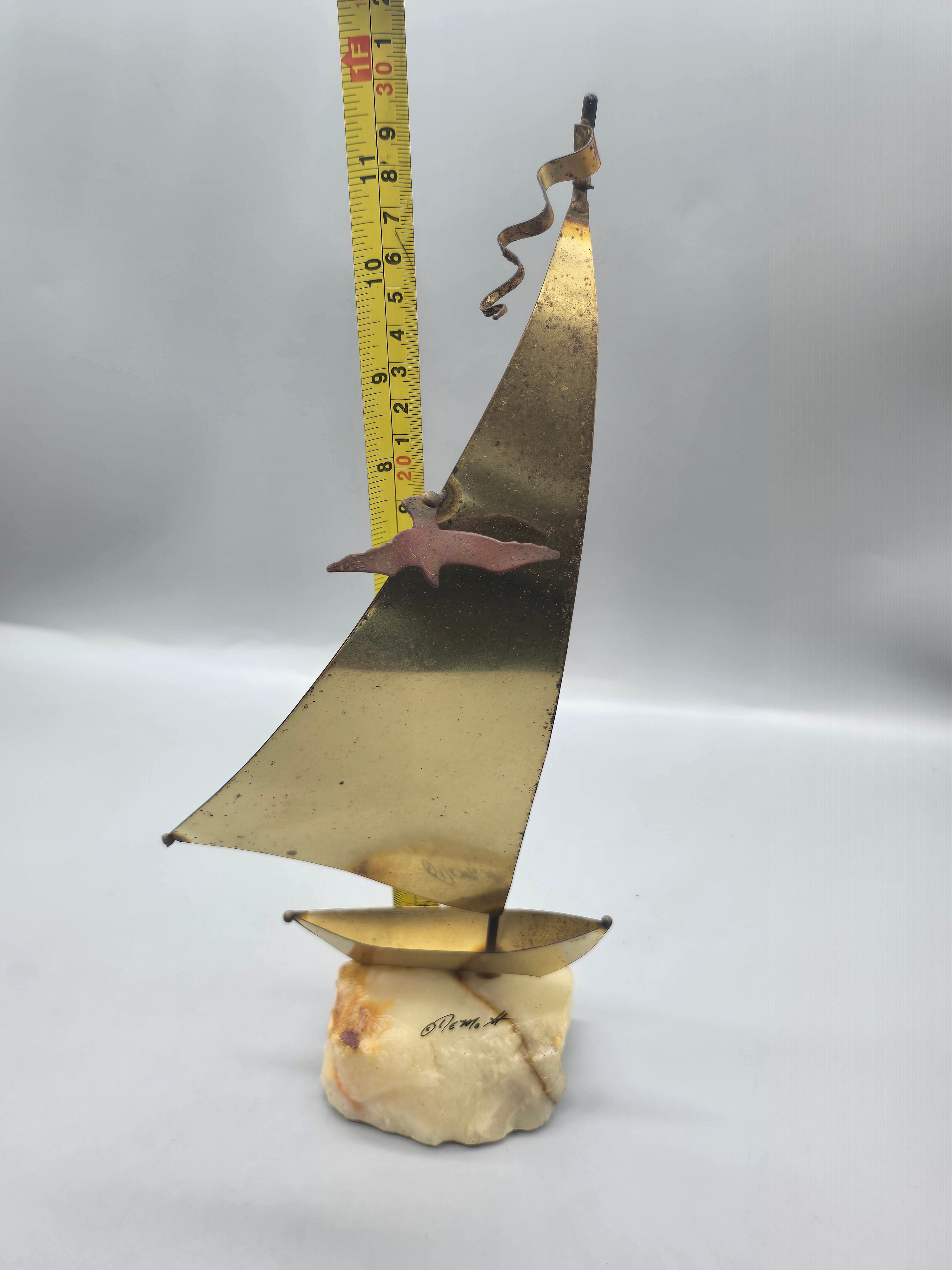 Vintage Signed "Nemo" Brass 12" Sailboat Sculpture on Alabaster Base – Mid Century Modern Nautical Décor