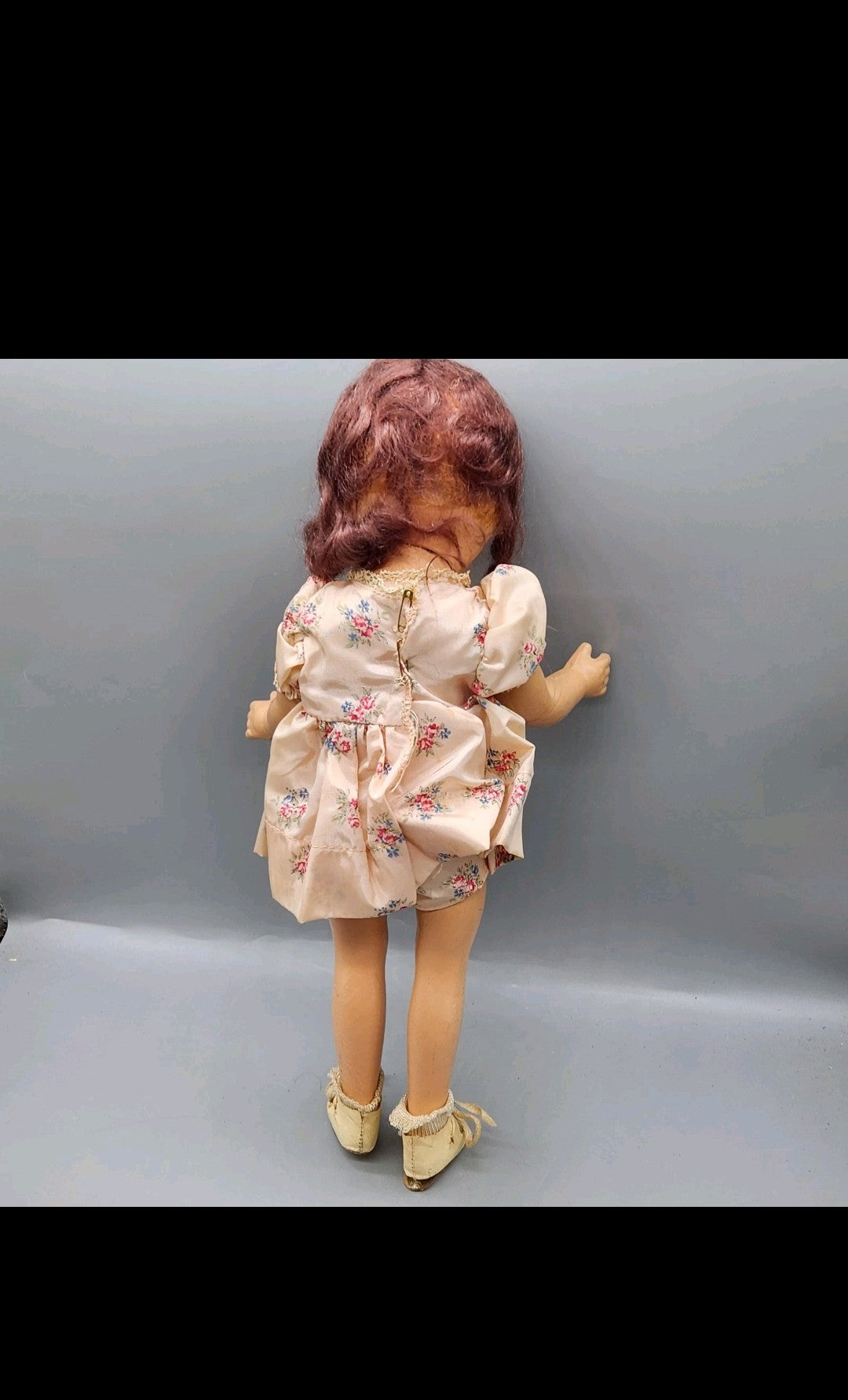 Vintage Composition Girl Doll 17 In Brown Hair Green Eyes Floral Dress Shoes